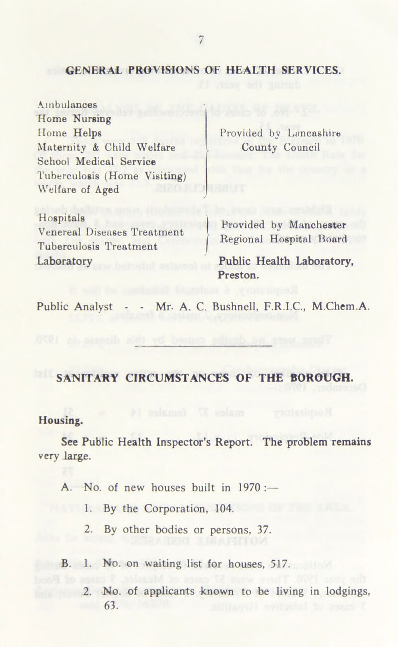 GENERAL PROVISIONS OF HEALTH SERVICES. Ambulances Home Nursing Home Helps Maternity & Child Welfare School Medical Service Tuberculosis (Home Visiting) Welfare of Aged Provided by Lancashire County Council Hospitals Venereal Diseases Treatment Tuberculosis Treatment Laboratory Provided by Manchester Regional Hospital Board Public Health Laboratory, Preston. Public Analyst - - Mr. A. C. Bushnell, F.R.I.C., M.Chem.A. SANITARY CIRCUMSTANCES OF THE BOROUGH. Housing. See Public Health Inspector’s Report. The problem remains very large. A. No. of new houses built in 1970 :— 1. By the Corporation, 104. 2. By other bodies or persons, 37. B. 1. No. on waiting list for houses, 517. 2. No. of applicants known to be living in lodgings, 63.