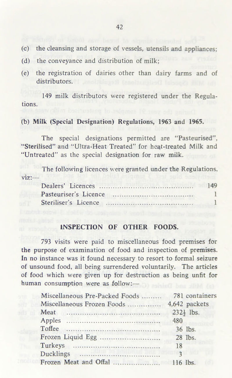 (c) the cleansing and storage of vessels, utensils and appliances; (d) the conveyance and distribution of milk; (e) the registration of dairies other than dairy farms and of distributors. 149 milk distributors were registered under the Regula- tions. (b) Milk (Special Designation) Regulations, 1963 and 1965. The special designations permitted are “Pasteurised”, “Sterilised” and “Ultra-Heat Treated” for heat-treated Milk and “Untreated” as the special designation for raw milk. The following licences were granted under the Regulations. viz;— Dealers’ Licences 149 Pasteuriser’s Licence 1 Steriliser’s Licence 1 INSPECTION OF OTHER FOODS. 793 visits were paid to miscellaneous food premises for the purpose of examination of food and inspection of premises. In no instance was it found necessary to resort to formal seizure of unsound food, all being surrendered voluntarily. The articles of food which were given up for destruction as being unfit for human consumption were as follow;— Miscellaneous Pre-Packed Foods 781 containers Miscellaneous Frozen Foods 4,642 packets Meat 232} lbs. Apples 480 Toffee 36 lbs. Frozen Liquid Egg 28 lbs. Turkeys 18 Ducklings 3 Frozen Meat and Offal 116 lbs.