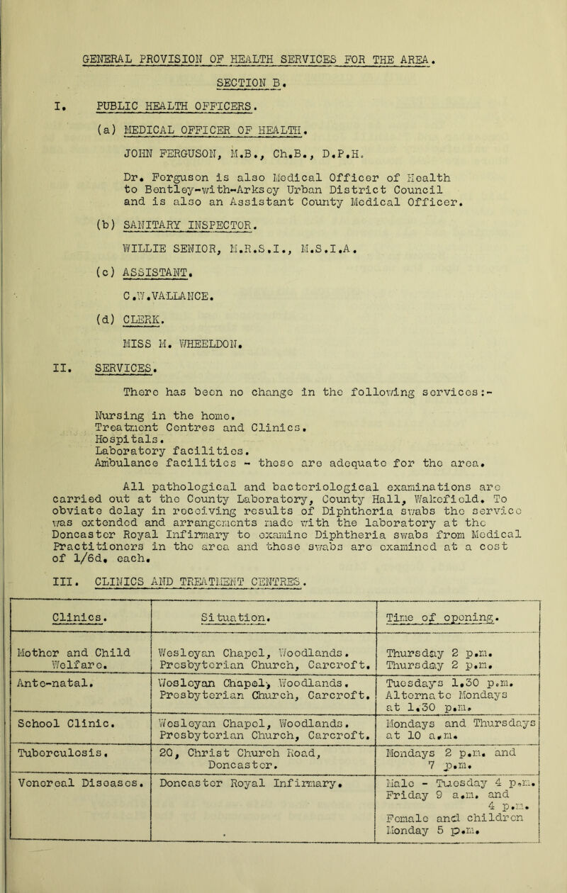 GENERAL PROVISION OF HEALTH SERVICES FOR THE AREA. SECTION B. I* PUBLIC HEALTH OFFICERS. (a) MEDICAL OFFICER OF HEALTH, JOHN FERGUSON, M.B., Ch.B., D.P.H. Dr* Ferguson is also Medical Officer of Health to Bentley-with-Arksey Urban District Council and is also an Assistant County Medical Officer. (b) SANITARY INSPECTOR. WILLIE SENIOR, M.R.S.I., M.S.I.A, (c) ASSISTANT* C #W .VALLANCE* (d) CLERK. MISS M. WHEELDON. II. SERVICES. There has been no change in the following services Nursing in the homo. Treatment Centres and Clinics. Hospitals. Laboratory facilities. Ambulance facilities - those are adequate for the area. All pathological and bacteriological examinations are carried out at the County Laboratory, County Hall, Wakefield. To obviate delay in receiving results of Diphtheria swabs the service was extended and arrangements made with the laboratory at the Doncaster Royal Infirmary to examine Diphtheria swabs from Medical Practitioners in the area and these sv/abs arc examined at a cost of l/6d* each* III. CLINICS AND TREATMENT CENTRES. Clinics. Situation. Time of opening. ' Mother and Child Welfare. ’Wesleyan Chapel, Woodlands. Presbyterian Church, Carcroft, Thursday 2 p*m. Thursday 2 p.m. Ante-natal. Wesleyan Chapel> Woodlands. Presbyterian Church, Carcroft. [— — IT Tuesdays 1.30 p.m. Alternate Mondays at 1.30 p.m. School Clinic. Wesleyan Chapel, Woodlands. Presbyterian Church, Carcroft. Mondays and Thursdays at 10 a#m* Tuberculosis, 20, Christ Church Road, Doncaster. Mondays 2 p.m. and 7 jD.m. Venereal Diseases. Doncaster Royal Infirmary. Male - Tuesday 4 p*n. j Friday 9 a.n. and 4 p.m. | Female and. children |