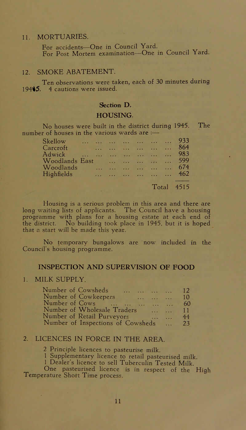 For accidents—One in Council Yard. For Post Mortem examination—One in Council Yard. 12. SMOKE ABATEMENT. Ten observations were taken, each of 30 minutes during 194*5. 4 cautions were issued. Section D. HOUSING, No houses were built in the district during 1945. number of houses in the various wards are :— The Skellow Carcroft Adwick Woodlands East Woodlands Highfields 933 864 983 599 674 462 Total 4515 Housing is a serious problem in this area and there are long waiting lists of applicants. The Council have a housing programme with plans for a housing estate at each end of the district. No building took place in 1945, but it is hoped that a start will be made this year. No temporary bungalows are now included in the Council’s housing programme. INSPECTION AND SUPERVISION OF FOOD 1. MILK SUPPLY. Number of Cowsheds 12 Number of Cowkeepers 10 Number of Cows .. 60 Number of Wholesale Traders 11 Number of Retail Purveyors ,. 44 Number of Inspections of Cowsheds . 23 2. LICENCES IN FORCE IN THE AREA. 2 Principle licences to pasteurise milk. 1 Supplementary licence to retail pasteurised milk. 1 Dealer’s licence to sell Tuberculin Tested Milk. One pasteurised licence is in respect of the High Temperature Short Time process. 11