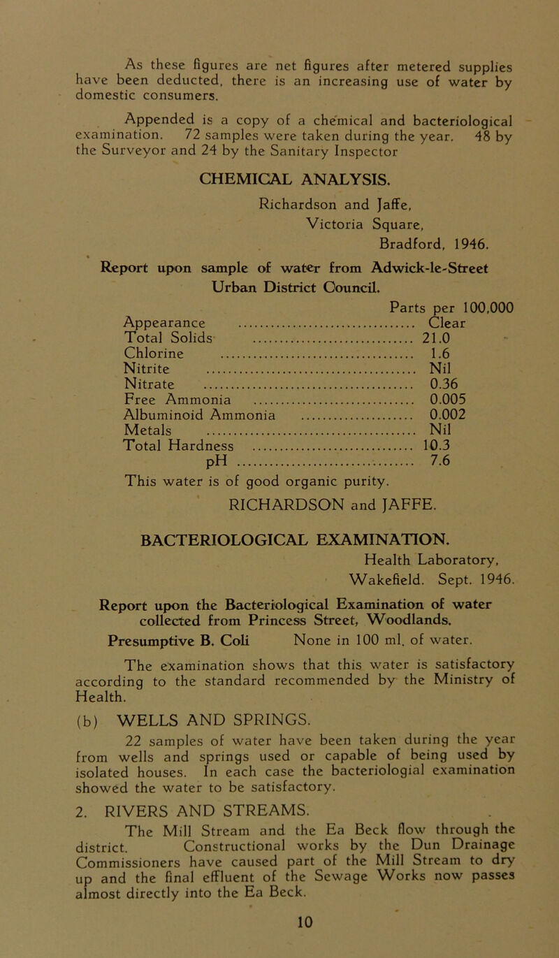 As these figures are net figures after metered supplies have been deducted, there is an increasing use of water by domestic consumers. Appended is a copy of a chemical and bacteriological examination. 72 samples were taken during the year. 48 by the Surveyor and 24 by the Sanitary Inspector CHEMICAL ANALYSIS. Richardson and Jaffe, Victoria Square, Bradford, 1946. Report upon sample of water from Adwick-le-Street Urban District Council. Appearance * Total Solids Chlorine Nitrite Nitrate Free Ammonia Albuminoid Ammonia Metals Total Hardness PH This water is of good organic purity. Parts per 100,000 Clear 21.0 1.6 Nil 0.36 0.005 0.002 Nil 10.3 7.6 RICHARDSON and JAFFE. BACTERIOLOGICAL EXAMINATION. Health Laboratory, Wakefield. Sept. 1946. Report upon the Bacteriological Examination of water collected from Princess Street, Woodlands. Presumptive B. Coli None in 100 ml. of water. The examination shows that this water is satisfactory according to the standard recommended by the Ministry of Health. (b) WELLS AND SPRINGS. 22 samples of water have been taken during the year from wells and springs used or capable of being used by isolated houses. In each case the bacteriologial examination showed the water to be satisfactory. 2. RIVERS AND STREAMS. The Mill Stream and the Ea Beck flow through the district. Constructional works by the Dun Drainage Commissioners have caused part of the Mill Stream to dry up and the final effluent of the Sewage Works now passes almost directly into the Ea Beck.