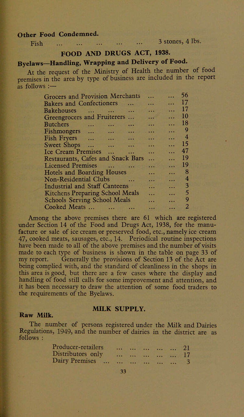 Other Food Condemned. Pish 3 stones, 4 lbs. FOOD AND DRUGS ACT, 1938. Byelaws—Handling, Wrapping and Delivery of Food. At the request of the Ministry of Health the number of food premises in the area by type of business are included in the report as follows :— Grocers and Provision Merchants ... ... 56 Bakers and Confectioners ... ... ••• 17 Bakehouses 17 Greengrocers and Fruiterers ... ... ... 10 Butchers 18 Fishmongers 9 Fish Fryers 4 Sweet Shops 15 Ice Cream Premises ... ... ... ... 47 Restaurants, Cafes and Snack Bars ... ... 19 Licensed Premises ... ... ... ... 19 Hotels and Boarding Houses 8 Non-Residential Clubs 4 Industrial and Staff Canteens ... ... 3 Kitchens Preparing School Meals ... ... 5 Schools Serving School Meals 9 Cooked Meats ... ... ... ... ... 2 Among the above premises there are 61 which are registered under Section 14 of the Food and Drugs Act, 1938, for the manu- facture or sale of ice cream or preserved food, etc., namely ice cream 47, cooked meats, sausages, etc., 14. Periodical routine inspections have been made to all of the above premises and the number of visits made to each type of business is shown in the table on page 33 of my report. Generally the provisions of Section 13 of the Act are being complied with, and the standard of cleanliness in the shops in this area is good, but there are a few cases where the display and handling of food still calls for some improvement and attention, and it has been necessary to draw the attention of some food traders to the requirements of the Byelaws. MILK SUPPLY. Raw Milk. The number of persons registered under the Milk and Dairies Regulations, 1949, and the number of dairies in the district are as follows : Producer-retailers 21 Distributors only 17 Dairy Premises 3