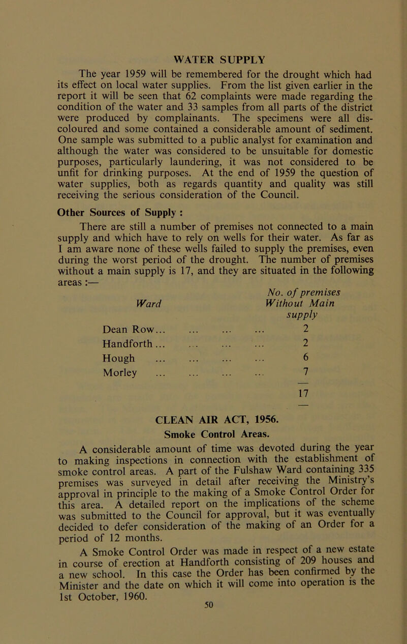 WATER SUPPLY The year 1959 will be remembered for the drought which had its effect on local water supplies. From the list given earlier in the report it will be seen that 62 complaints were made regarding the condition of the water and 33 samples from all parts of the district were produced by complainants. The specimens were all dis- coloured and some contained a considerable amount of sediment. One sample was submitted to a public analyst for examination and although the water was considered to be unsuitable for domestic purposes, particularly laundering, it was not considered to be unfit for drinking purposes. At the end of 1959 the question of water supplies, both as regards quantity and quality was still receiving the serious consideration of the Council. Other Sources of Supply : There are still a number of premises not connected to a main supply and which have to rely on wells for their water. As far as I am aware none of these wells failed to supply the premises, even during the worst period of the drought. The number of premises without a main supply is 17, and they are situated in the following areas:— No. of premises Ward Without Main supply Dean Row... ... ... ... 2 Handforth 2 Hough 6 Morley 7 17 CLEAN AIR ACT, 1956. Smoke Control Areas. A considerable amount of time was devoted during the year to making inspections in connection with the establishment of smoke control areas. A part of the Fulshaw Ward containing 335 premises was surveyed in detail after receiving the Ministry’s approval in principle to the making of a Smoke Control Order for this area. A detailed report on the implications of the scheme was submitted to the Council for approval, but it was eventually decided to defer consideration of the making of an Order for a period of 12 months. A Smoke Control Order was made in respect of a new estate in course of erection at Handforth consisting of 209 houses and a new school. In this case the Order has been confirmed by the Minister and the date on which it will come into operation is the 1st October, 1960.