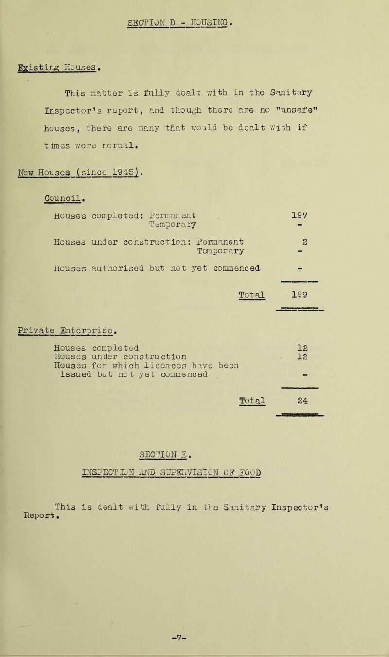 SECTION D - HOUSING. Existing Houses. This matter is fully dealt with in the Sanitary Inspector’s report, and though there are no unsafe houses, there are many that would be dealt with if times were normal. New Houses (sinco 1945). Council. Houses completed: Permanent 197 Temporary Houses under construction: Permanent 2 Temporary Houses authorised but not yet commenced Total 199 Private Enterprise. Houses completed Houses under construction Houses for which licences have been issued but not yet commenced Total 24 12 12 SECTION E. INSPECT ION ANT) SUPERVISION OF FOOD This is dealt with fully in the Sanitary Inspector’s Report, -7