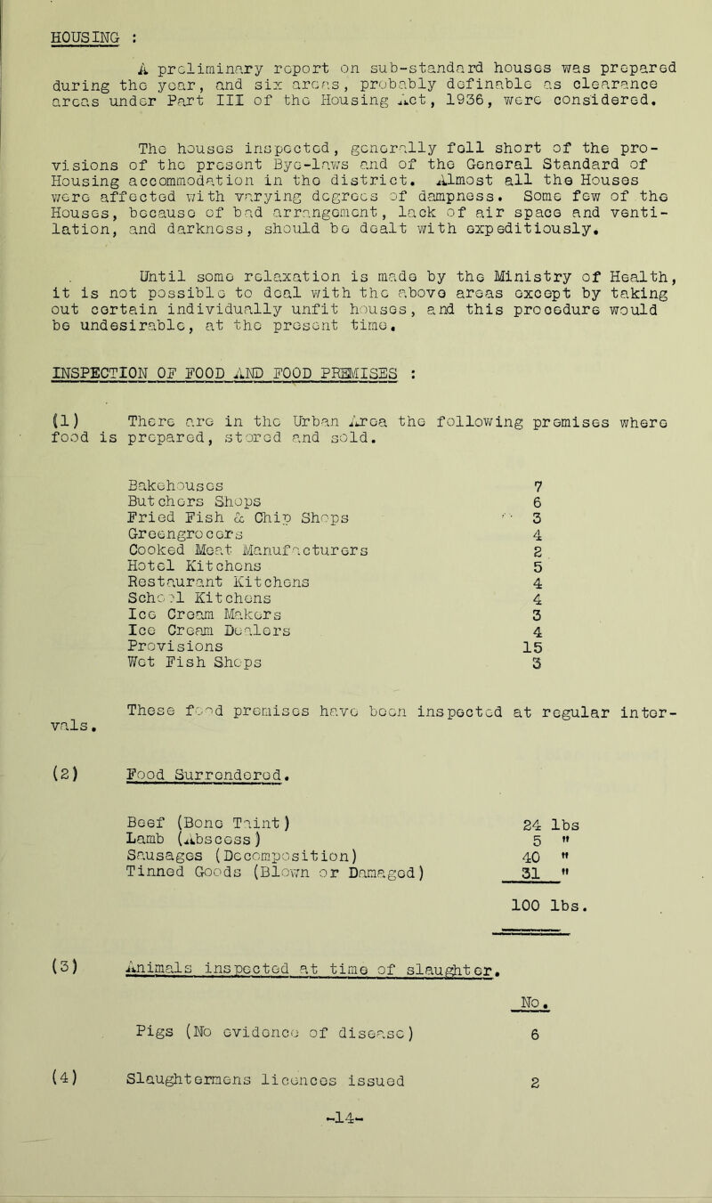 HOUSING : A preliminary report on sub-standard houses was prepared during the year, and six areas, probably definable as clearance areas under' Part III of the Housing Act, 1936, were considered. The houses inspected, generally foil short of the pro- visions of the present Bye-laws and of the General Standard of Housing accommodation in the district. Almost all the Houses were affected with varying degrees of dampness. Some few of the Houses, because of bad arrangement, lack of air space and venti- lation, and darkness, should be dealt with expeditiously. Until some relaxation is made by the Ministry of Health, it is not possible to deal with the above areas except by taking out certain individually unfit houses, and this procedure would bo undesirable, at the present time. INSPECTION OP POOD AND POOD PREMISES : (1) There are in the Urban Area the following premises where food is prepared, stored and sold. Bakehouses 7 Butchers Shops 6 Pried Pish & Chip Shops 3 Greengrocers 4 Cooked Meat Manufacturers 2 Hotel Kitchens 5 Restaurant Kitchens 4 School Kitchens 4 Ice Cream Makers 3 Ice Cream Dealers 4 Provisions 15 Wet Pish Shops 3 These food premises have been inspected at regular inter- vals . (2) Pood Surrendered. Beef (Bone Taint) 24 lbs Lamb (Abscess) 5 n Sausages (Decomposition) 40 M Tinned Goods {Blown or Damaged) 31 » 100 lbs. (3) Animals inspected at time of slaughter. No, Pigs (No evidence of disease) 6 (4) Slaughtermens licences issued 2 *-14-