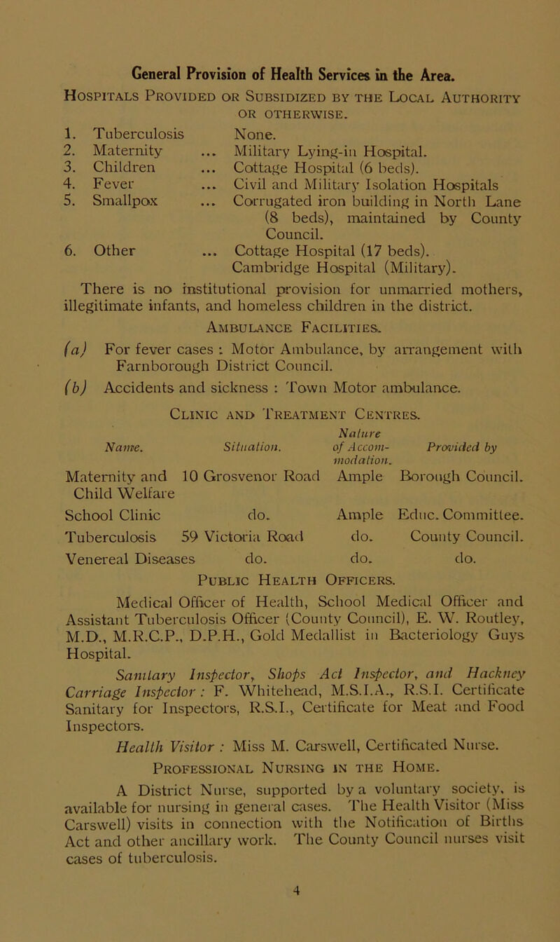 General Provision of Health Services in the Area. Hospitals Provided or Subsidized by the Local Authority OR OTHERWISE. 1. Tuberculosis 2. Maternity 3. Children 4. Fever 5. Smallpox 6. Other None. Military Lying-in Hospital. Cottage Hospital (6 beds). Civil and Military Isolation Hospitals Corrugated iron building in North Lane (8 beds), maintained by County Council. Cottage Hospital (17 beds). Cambridge Hospital (Military). There is no institutional provision for unmarried mothers, illegitimate infants, and homeless children in the district. Ambulance Facilities. (a) For fever cases ; Motor Ambulance, by arrangement with Farnborough District Council. (b) Accidents and sickness : Town Motor ambulance. Clinic and Treatment Centres. Nature Name. Situation. of Accom- Provided by modation. Maternity and 10 Grosvenor Road Ample Child Welfare School Clinic do. Ample Tuberculosis 59 Victoria Road do. Venereal Diseases do. do. Public Health Officers. Borough Council. Educ. Committee. County Council, do. Medical Officer of Health, School Medical Officer and Assistant Tuberculosis Officer (County Council), E. W. Routley, M.D., M.R.C.P., D.P.H., Gold Medallist in Bacteriology Guys Hospital. Sanitary Inspector, Shops Act Inspector, and Hackney Carriage Inspector: F. Whitehead, M.S.I.A., R.S.I. Certificate Sanitary for Inspectors, R.S.I., Certificate for Meat and Food Inspectors. Health Visitor : Miss M. Carswell, Certificated Nurse. Professional Nursing in the Home. A District Nurse, supported by a voluntary society, is available for nursing in general cases. The Health Visitor (Miss Carswell) visits in connection with the Notification of Births Act and other ancillary work. The County Council nurses visit cases of tuberculosis.