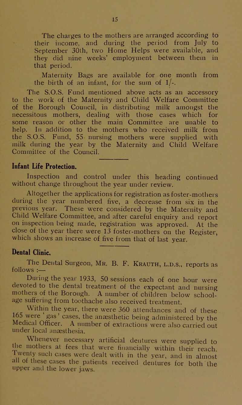 The charges to the mothers are arranged according to their income, and during the period from July to September 30th, two Home Helps were available, and they did nine weeks’ employment between them in that period. Maternity Bags are available for one month from the birth of an infant, for the sum of l/-. The S.O.S. Fund mentioned above acts as an accessory to the work of the Maternity and Child Welfare Committee of the Borough Council, in distributing milk amongst the necessitous mothers, dealing with those cases which for some reason or other the main Committee are unable to help. In addition to the mothers who received milk from the S.O.S. Fund, 55 nursing mothers were supplied with milk during the year by the Maternity and Child Welfare Committee of the Council. Infant Life Protection. Inspection and control under this heading continued without change throughout the year under review. Altogether the applications for registration as foster-mothers during the year numbered five, a decrease from six in the previous year. These were considered by the Maternity and Child Welfare Committee, and after careful enquiry and report on inspection being made, registration was approved. At the close of the year there were 13 foster-mothers on the Register, which shows an increase of five from that of last year. Dental Clinic. The Dental Surgeon, Mr. B. F. Krauth, l.d.s., reports as follows :— During the year 1933, 50 sessions each of one hour were devoted to the dental treatment of the expectant and nursing mothers of the Borough. A number of children below school- age suffering from toothache also received treatment. Within the year, there were 360 attendances and of these 165 were gas ’ cases, the anaesthetic being administered by the Medical Officer. A number of extractions were also carried out under local anaesthesia. Whenever necessary artificial dentures were supplied to the mothers at fees that were financially within their reach. I wenty such cases were dealt with in the year, and in almost all oi these cases the patients received dentures for both the upper and the lower jaws.