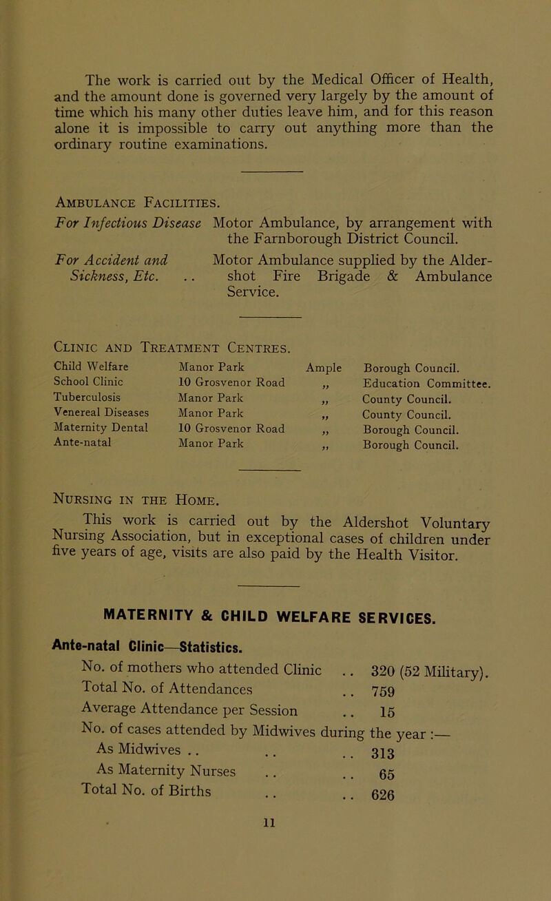 The work is carried out by the Medical Officer of Health, and the amount done is governed very largely by the amount of time which his many other duties leave him, and for this reason alone it is impossible to carry out anything more than the ordinary routine examinations. Ambulance Facilities. For Infectious Disease Motor Ambulance, by arrangement with the Farnborough District Council. For Accident and Motor Ambulance supplied by the Alder- Sickness, Etc. .. shot Fire Brigade & Ambulance Service. Clinic and Treatment Centres. Child Welfare School Clinic Tuberculosis Venereal Diseases Maternity Dental Ante-natal Manor Park 10 Grosvenor Road Manor Park Manor Park 10 Grosvenor Road Manor Park Ample yy yy yy yy yy Borough Council. Education Committee. County Council. County Council. Borough Council. Borough Council. Nursing in the Home. This work is carried out by the Aldershot Voluntary Nursing Association, but in exceptional cases of children under five years of age, visits are also paid by the Health Visitor. MATERNITY & CHILD WELFARE SERVICES. Ante-natal Clinic—Statistics. No. of mothers who attended Clinic .. 320 (52 Military). Total No. of Attendances .. 759 Average Attendance per Session .. 15 No. of cases attended by Midwives during the year : As Midwives .. .. 313 As Maternity Nurses .. .. 65 Total No. of Births .. ror
