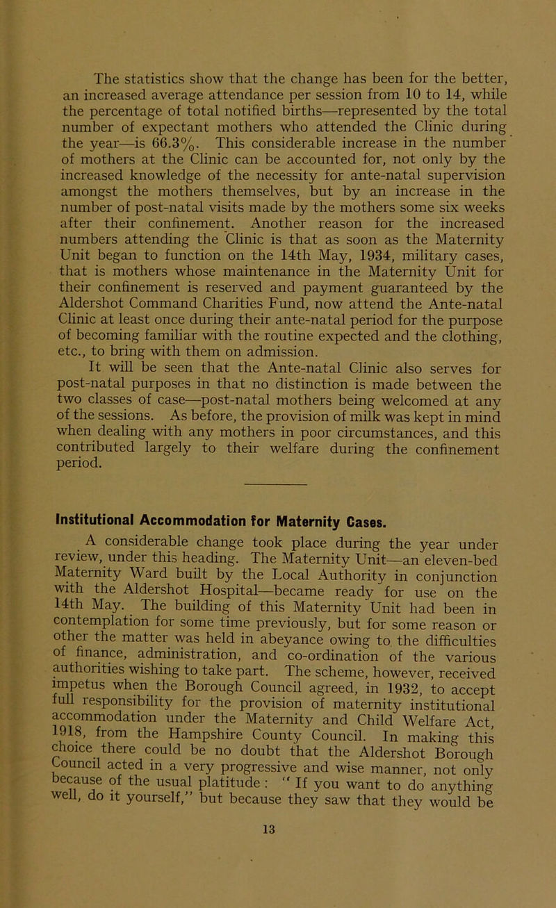 The statistics show that the change has been for the better, an increased average attendance per session from 10 to 14, while the percentage of total notified births—represented by the total number of expectant mothers who attended the Clinic during the year—is 66.3%. This considerable increase in the number of mothers at the Clinic can be accounted for, not only by the increased knowledge of the necessity for ante-natal supervision amongst the mothers themselves, but by an increase in the number of post-natal visits made by the mothers some six weeks after their confinement. Another reason for the increased numbers attending the Clinic is that as soon as the Maternity Unit began to function on the 14th May, 1934, military cases, that is mothers whose maintenance in the Maternity Unit for their confinement is reserved and payment guaranteed by the Aldershot Command Charities Fund, now attend the Ante-natal Clinic at least once during their ante-natal period for the purpose of becoming familiar with the routine expected and the clothing, etc., to bring with them on admission. It will be seen that the Ante-natal Clinic also serves for post-natal purposes in that no distinction is made between the two classes of case—post-natal mothers being welcomed at any of the sessions. As before, the provision of milk was kept in mind when dealing with any mothers in poor circumstances, and this contributed largely to their welfare during the confinement period. Institutional Accommodation for Maternity Cases. A considerable change took place during the year under review, under this heading. The Maternity Unit—an eleven-bed Maternity Ward built by the Local iVuthority in conjunction with the Aldershot Hospital—became ready for use on the 14th May. The building of this Maternity Unit had been in contemplation for some time previously, but for some reason or other the matter was held in abeyance owing to the difficulties of finance, administration, and co-ordination of the various authorities wishing to take part. The scheme, however, received impetus when the Borough Council agreed, in 1932, to accept full responsibility for the provision of maternity institutional accommodation under the Maternity and Child Welfare Act, 1918, from the Hampshire County Council. In making this choice there could be no doubt that the Aldershot Borough Council acted in a very progressive and wise manner, not only because of the usual platitude : “ If you want to do anything well, do it yourself,” but because they saw that they would be