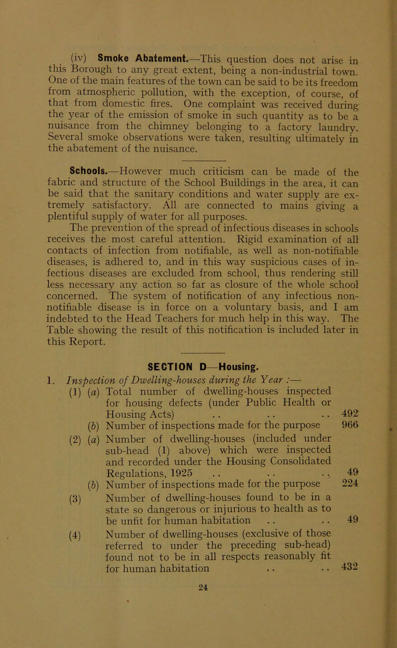 (iv) Smoke Abatement.—This question does not arise in this Borough to any great extent, being a non-industrial town. One of the main features of the town can be said to be its freedom from atmospheric pollution, with the exception, of course, of that from domestic fires. One complaint was received during the year of the emission of smoke in such quantity as to be a nuisance from the chimney belonging to a factory laundry. Several smoke observations were taken, resulting ultimately in the abatement of the nuisance. Schools.—However much criticism can be made of the fabric and structure of the School Buildings in the area, it can be said that the sanitary conditions and water supply are ex- tremely satisfactory. All are connected to mains giving a plentiful supply of water for all purposes. The prevention of the spread of infectious diseases in schools receives the most careful attention. Rigid examination of all contacts of infection from notifiable, as well as non-notifiable diseases, is adhered to, and in this way suspicious cases of in- fectious diseases are excluded from school, thus rendering still less necessary any action so far as closure of the whole school concerned. The system of notification of any infectious non- notifiable disease is in force on a voluntary basis, and I am indebted to the Head Teachers for much help in this way. The Table showing the result of this notification is included later in this Report. SECTION D—Housing. 1. Inspection of Dwelling-houses during the Year :— (1) (a) Total number of dwelling-houses inspected for housing defects (under Public Health or Housing Acts) . . .. .. 492 (b) Number of inspections made for the purpose 966 (2) (a) Number of dwelling-houses (included under sub-head (1) above) which were inspected and recorded under the Housing Consolidated Regulations, 1925 .. .. 49 (,b) Number of inspections made for the purpose 224 (3) Number of dwelling-houses found to be in a state so dangerous or injurious to health as to be unfit for human habitation .. 49 (4) Number of dwelling-houses (exclusive of those referred to under the preceding sub-head) found not to be in all respects reasonably fit for human habitation .. • • 432