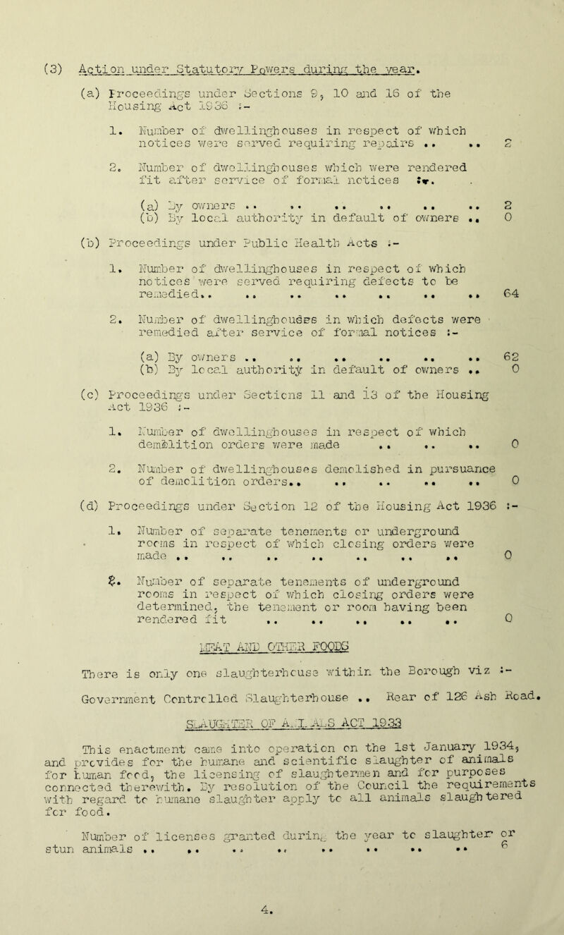 (3) Action under Statutory Powers during the year. (a) Proceedings under Sections S9 10 and 16 of the Housing Act 1936 s- 1. Humber of dwelling!ouses in respect of which notices were served requiring repairs .. .. 2 2* Humber of dwelling!ouses which were rendered fit after service of formal notices • (a) by owners . • .. .. .. .. .. 2 (b) By local authority in default of owners •• 0 (b) Proceedings under Public Health Acts i- 1. Number of dwelling!ouses in respect of which notices were served requiring defects to be remedied*. .. .. ». .« • • 64 2. Number of dwelling!oudes in which defects were remedied after service of formal notices :- (a) By owners »• o• »» •• .. •* (!) By local authority in default of owners . • (c) proceedings under Sections 11 and 13 of the Housing Act 1936 i~ 1* Number of dwelling!ouses in respect of which demolition orders were made .» *. .. 2, Number of dwelling!ouses demolished in pursuance of demolition orders., .. .. •• .. 62 0 0 0 (d) Proceedings under Section 12 of the Housing Act 1936 1. Number of separate tenements or underground rooms in respect of which closing orders were made •* •* . * «• •• • • 0 %• Number of separate tenements of underground rooms in respect of which closing orders were determined, the tenement or room having been rendered fit .. .. .. .. .. 0 I.IBAT AND OTHER FOODS There is only one slaughterhouse within the Borough viz Government Controlled Slaughterhouse »• Rear of 126 Ash Road. SLAUGHTER OF ANI.JALS ACT 1933 This enactment cane into operation on the 1st January 1934? and provides for the humane and scientific slaughter of animals for human food, the licensing of slaughtermen and for purposes connected therewith. By resolution of the Council the requirements with regard to humane slaughter apply to all animals slaughtered for food. Number of licenses granted during the year tc slaughter* or stun animals .. ». .. ♦ . »• •• •• • *