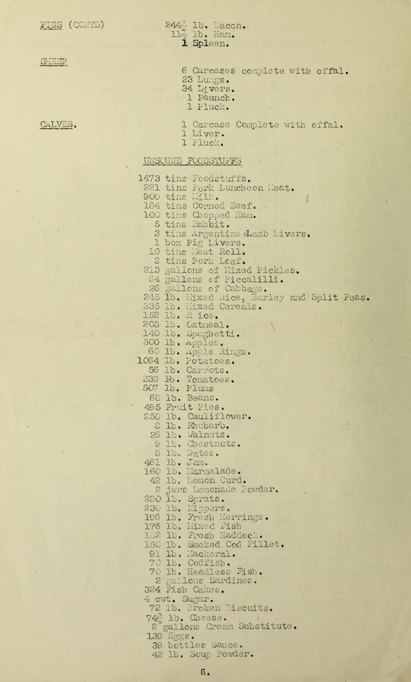 (COIJTD) CP CALVES . 244-7 lb. bacon.- lib lb. Ham. 1 Spleen. 6 Carcases complete with offal. 23 Lungs. 34 Livers. 1 Pauncb. 1 Pluck. 1 Carcase Complete with offal. 1 Liver. 1 Pluck. UHSGUHD FOODSTUFFS 1473 221 900 184 100 5 3 1 t ins- tins tins tins tins tins tins boo Foodstuffs. Pork Luncheon beat, bilk. Corned Beef, Chopped Ham. mob it« Argentine eLamb Livers. Pig Livers. 10 tin s lie at Poll. 2 tin s Pork Loaf. 213 gallons of nixed Pickle 64 gal Ions of Piccalilli. 26 gal Ions of Cabbage, 245 lb. Mixed -fce5 Barley 335 lb. Mixed Cereals. 152 lb. P i ce, 203 lb. Oatmeal. 140 lb. Spaghetti. 500 lb . apples * 60 lb. apple Bings. 1064 lb. Potatoes. 56 lb. Carrots. 239 lb. Tomatoes * 507 lb. Plums 68 lb. Beans. 495 Fruit Pies. 250 lb. Cauliflower. o CJ lb. Rhubarb. 26 lb. Walnuts. 9 lb. Chestnuts. n CJ 1 0 a Bates, 461 lb. J am. 160 lb. Marmalade. 42 lb. Lemon Curd. 2 .jars Lemonade Powder* 280 lb. Sprats. 230 Id. kippers«. 196 lb. Fresh • Herrings. 176 1 D 9 Mixed Fish 182 lb. Fro sh Had doc k. 150 lb. Smoked Cod Fillet. 91 Xb, Macke rail. 70 lb. Codfish• 70 lb. Ke adle s s Fi sh • 2 gclJ. Ions Sardines, 324 Fis b Cakes. 4 cwt. Sugar. 72 lb. Broken Biscuits. 74-J lb. Creese. 2 gal lons Cre am Sub s ti t uto . 13S Eggs. 39 bottles sauce. 42 lb. Soup Powder.