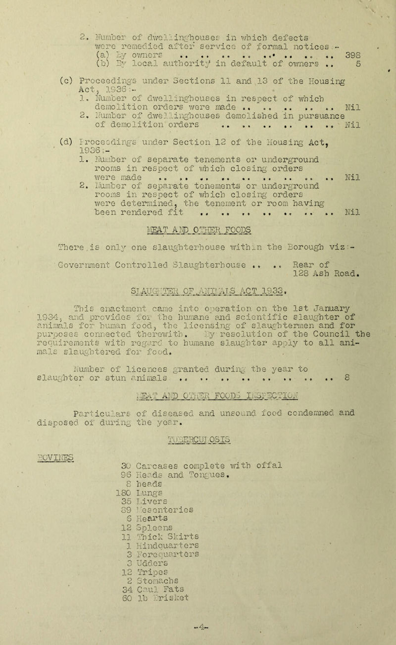 were remedied after service of formal notices - (a) By owners . .. . . ,. 398 (b) By local author it 3/ in default of owners .. 5 (c) Proceedings under Sections 11 and 13 of the Housing Act 3 1936:- 1. Number of dwellingbouses in respect of wbicb demolition orders were made .. .. .. .„ „ . Nil 2, Number of dwellingbouses demolished in pursuance of demolition orders .. . . .. Nil (d) Proceedings under Section 12 of the Housing Act, 1936;- 1, Number of separate tenements or underground rooms in respect of whicb closing orders were made ,. » . . .. „. .. Nil 2. Number of separate tenements or underground rooms in respect of wbicb closing orders were determined, the tenement or room having been rendered fit .. .. Nil MEAT AND OTHER FOODS There is only one slaughterhouse within the Borough viz - Government Controlled Slaughterhouse * * .. Rear of 128 Ash Road. SLAUGHTER OF .ANIMALS ACT 1933. This enactment came into operation on the 1st January 19345 and provides foi the humane and scientific slaughter of animals for human food, the licensing of slaughtermen and for purposes connected therewith. by resolution of the Council the requirements with regard to humane slaughter apply to all ani- mals slaughtered for food. Number of licences granted during the year to slaughter or stun animals »« .. ., .. ., ,. .. .. 8 xJAT AND OTHER FOODS INSPECTION Particulars of diseased and unsound food condemned and disposed of during the year. TUBERCUJ ISIS BOVINES 30 Carcases complete with offal 96 Heads and Tongues, 8 heads 180 Lungs 35 Livers 89 Mesenteries 6 Hearts 12 Spleens 11 Thick Skirts 1 Hindquarters 3 Forequarters 3 Udders 12 Tripes 2 Stomachs 34 Caul Fats 60 lb Brisket -4-