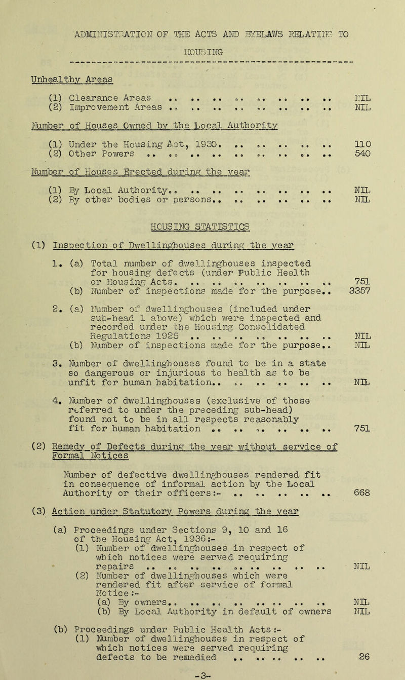 ADMINISTRATION OF THE ACTS AND BYELAWS RELATING TO HOUSING Unhealthy Areas (1) Clearance Areas .. .. .. 0. . . .. .. NIL (2) Improvement Areas • .# . . .. ,. ,. .. .. .. NIL Number of Houses Owned by the Local Authority (1) Under the Housing Act, 1930. .. .. . . .. ., 110 (2^ Other Rowers .» «9 . • .. «« a* . . . * •• 540 Number of Houses Erected during the year (1) By Local Authority* • . NIL (2) By other bodies or persons.. NIL HOUSING STATISTICS (1) Inspection of Dwellingbouses during the year 1. (a) Total number of dwellingbouses inspected for housing defects (under public Health or Housing Acts . . .. .. ... .. 751 (b) Number of inspections made for the purpose.. 3357 2. (a) Number of dwellingbouses (included under sub-head 1 above) which were inspected and recorded under the Housing Consolidated Regulations 1925 .. .. .. . . «. NIL (b) Number of inspections made for the purpose.. NIL 3. Number of dwellingbouses found to be in a state so dangerous or injurious to health as to be unfit for human habitation.. .. NIL 4. Number of dwellingbouses (exclusive of those referred to under the preceding sub-head) found not to be in all respects reasonably fit for human habitation .. . • * 751 (2) Remedy of Defects during the year without service of Formal' Notices Number of defective dwellingbouses rendered fit in consequence of informal action by the Local Authority or their officers:- ,. .. .. .. .. 668 (3) Action under Statutory Powers during the year (a) Proceedings under Sections 9, 10 and 16 of the Housing Act, 1936:- (1) Number of dwellingbouses in respect of which notices were served requiring repairs .. .« «» .. .. *. •. .» •• NIL (2) Number of dwellingbouses which were rendered, fit after service of formal Notice :- (a) By owners.. .. ., .... .. .. NIL (b) By Local Authority in default of owners NIL (b) Proceedings under Public Health Acts :- (1) Number of dwellingbouses in respect of which notices were served requiring defects to be remedied ., .. 26 -3-