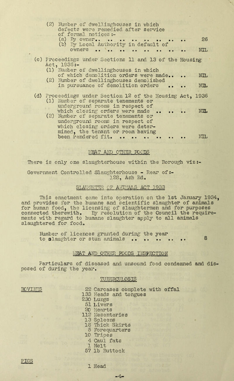 (2) Number of dwellingbouses in which defects were remedied after service of formal notices:- (a.) By owner 26 (b) By Local Authority in default of owners .. i\ttt. (c) Proceedings under Sections 11 and 13 of the Housing Act, 1936:- (1) Number of dwellingbouses in which of which demolition orders were made.. .. NIL (2) Number of dwellingbouses demolished in pursuance of demolition orders .. .. NIL (d) Proceedings under Section 12 of the Housing Act, 1936 (1) Number of separate tenements or underground rooms in respect of which closing orders were made NIL (2) Number of separate tenements or underground rooms in respect of which closing orders were deter- mined, the tenant or room having been rendered fit NIL HEAT AND OTHER FOODS There is only one slaughterhouse within the Borough viz Government. Controlled Slaughterhouse - Bear of 128, Ash Bd. SLAUGHTER OF AHII.'LALS ACT 1933 This enactment came into operation on the 1st January 1934, and provides for the humane and scientific slaughter of animals for human food, the licensing of slaughtermen and for purposes connected therewith. By resolution of the Council the require- ments with regard to humane slaughter apply to all animals slaughtered for food. Number of licences granted during the year to slaughter or stun animals 8 MEAT AND OTHEB FOODS INSPECTION Particulars of diseased and unsound food condemned and dis- posed of during the year. TU BBBCULO SIS BC VINES PIGS 22 Carcases complete with offal 133 Heads and tongues 230 Lungs 51 Livers 20 Hearts 112 Mesenteries 13 Spleens 18 Thick Skirts 5 Forequarters 10 Tripes 4 Caul fats 1 Melt 57 lb Buttock 1 Head -4-
