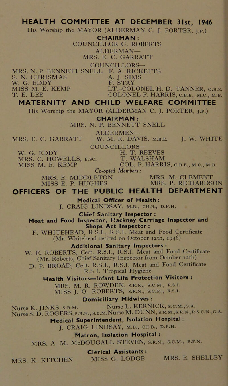 HEALTH COMMITTEE AT DECEMBER 31st, 1946 His Worship the MAYOR (ALDERMAN C. J. PORTER, j.p.) CHAIRMAN : COUNCILLOR G. ROBERTS ALDERMAN— MRS. E. C. GARRATT COUNCILLORS— MRS. N. P. BENNETT SNELL F. A. RICKETTS S. N. CHRISMAS A. J. SIMS W. G. EDDY F. STAY MISS M. E. KEMP LT.-COLONEL H. D. TANNER, o.b.e. T. E. LEE COLONEL F. HARRIS, c.b.e., m.c., m.b. MATERNITY AND CHILD WELFARE COMMITTEE His Worship the MAYOR (ALDERMAN C. J. PORTER, j.p.) CHAIRMAN : MRS. N. P. BENNETT SNELL ALDERMEN— MRS. E. C. GARRATT W. M. R. DAVIS, m.b.e. J. W. WHITE COUNCILLORS— W. G. EDDY H. T. REEVES MRS. C. HOWELLS, b.sc. T. WALSHAM MISS M. E. KEMP COL. F. HARRIS, c.b.e., m.c., m.b. Co-opted Members: MRS. E. MIDDLETON MRS. M. CLEMENT MISS E. P. HUGHES MRS. P. RICHARDSON OFFICERS OF THE PUBLIC HEALTH DEPARTMENT Medical Officer of Health : J. CRAIG LINDSAY, m.b., ch.b., d.p.h. Chief Sanitary Inspector: Meat and Food Inspector, Hackney Carriage Inspector and Shops Act Inspector : F. WHITEHEAD, R.S.I., R.S.I. Meat and Food Certificate (Mr. Whitehead retired on October /2th, 1946) Additional Sanitary Inspectors : W. E. ROBERTS, Cert. R.S.I., R.S.I. Meat and Food Certificate (Mr. Roberts, Chief Sanitary Inspector from October 12th) D. P. BROAD, Cert. R.S.I., R.S.I. Meat and Food Certificate R.S.I. Tropical Hygiene Health Visitors—Infant Life Protection Visitors : MRS. M. R. ROWDEN, s.r.n., s.c.m., r.s.i. MISS J. O. ROBERTS, s.r.n., s.c.m., r.s.i. Domiciliary Midwives : Nurse K. JINKS, s.r.m. Nurse L. KERNICK, s.c.m.,g.a. Nurse S. D. ROGERS, s.r.n., s.c.m.Nurse M. DUNN, s.r.m.,s.r.n.,r.s.c.n.,g.a. Medical Superintendent, Isolation Hospital : J. CRAIG LINDSAY, m.b., ch.b., d.p.h. Matron, Isolation Hospital : MRS. A. M. McDOUGALL STEVEN, s.r.n., s.c.m., r.f.n. Clerical Assistants : MISS G. LODGE MRS. K. KITCHEN MRS. E. SHELLEY