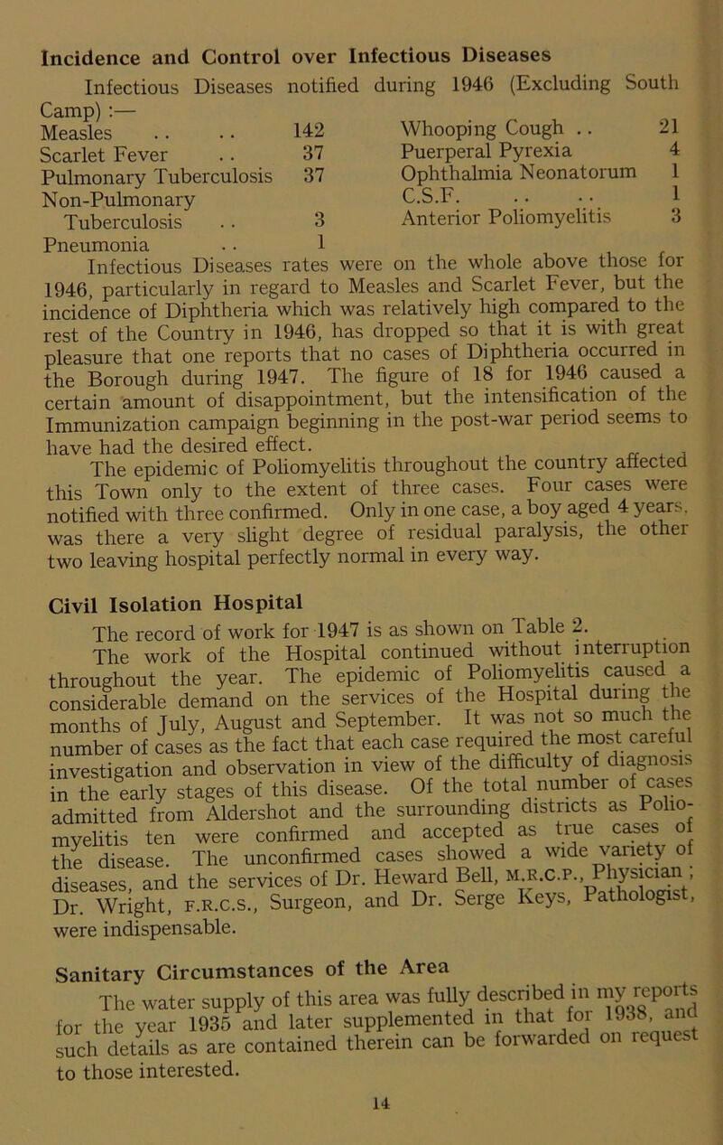 Incidence and Control over Infectious Diseases Infectious Diseases notified during 1946 (Excluding South Camp) :— Measles .. . • 142 Scarlet Fever .. 37 Pulmonary Tuberculosis 37 Non-Pulmonary Tuberculosis .. 3 Pneumonia . • 1 Whooping Cough .. Puerperal Pyrexia Ophthalmia Neonatorum C.S.F Anterior Poliomyelitis 21 4 1 1 3 Infectious Diseases rates were on the whole above those for 1946, particularly in regard to Measles and Scarlet Fever, but the incidence of Diphtheria which was relatively high compared to the rest of the Country in 1946, has dropped so that it is with great pleasure that one reports that no cases of Diphtheria occurred in the Borough during 1947. The figure of 18 for 1946 caused a certain amount of disappointment, but the intensification of the Immunization campaign beginning in the post-war period seems to have had the desired effect. The epidemic of Poliomyelitis throughout the country affected this Town only to the extent of three cases. Four cases were notified with three confirmed. Only in one case, a boy aged 4 years, was there a very slight degree of residual paralysis, the othei two leaving hospital perfectly normal in every way. Civil Isolation Hospital The record of work for 1947 is as shown on Table 2. The work of the Hospital continued without interruption throughout the year. The epidemic of Poliomyelitis caused a considerable demand on the services of the Hospital during the months of July, August and September. It was not so much tie number of cases as the fact that each case required the most careful investigation and observation in view of the difficulty of diagnosis in the early stages of this disease. Of the total number of cases admitted from Aldershot and the surrounding districts as Poll - myelitis ten were confirmed and accepted as true cases of the disease. The unconfirmed cases showed a wide variety of diseases, and the services of Dr. Heward Bell, m.r.c.p. Physician Dr. Wright, f.r.c.s., Surgeon, and Dr. Serge Keys, Pathologis , were indispensable. Sanitary Circumstances of the Area The water supply of this area was fully described in my reports for the year 1935 and later supplemented in that for 1938, an such details as are contained therein can be forwarded on request to those interested.