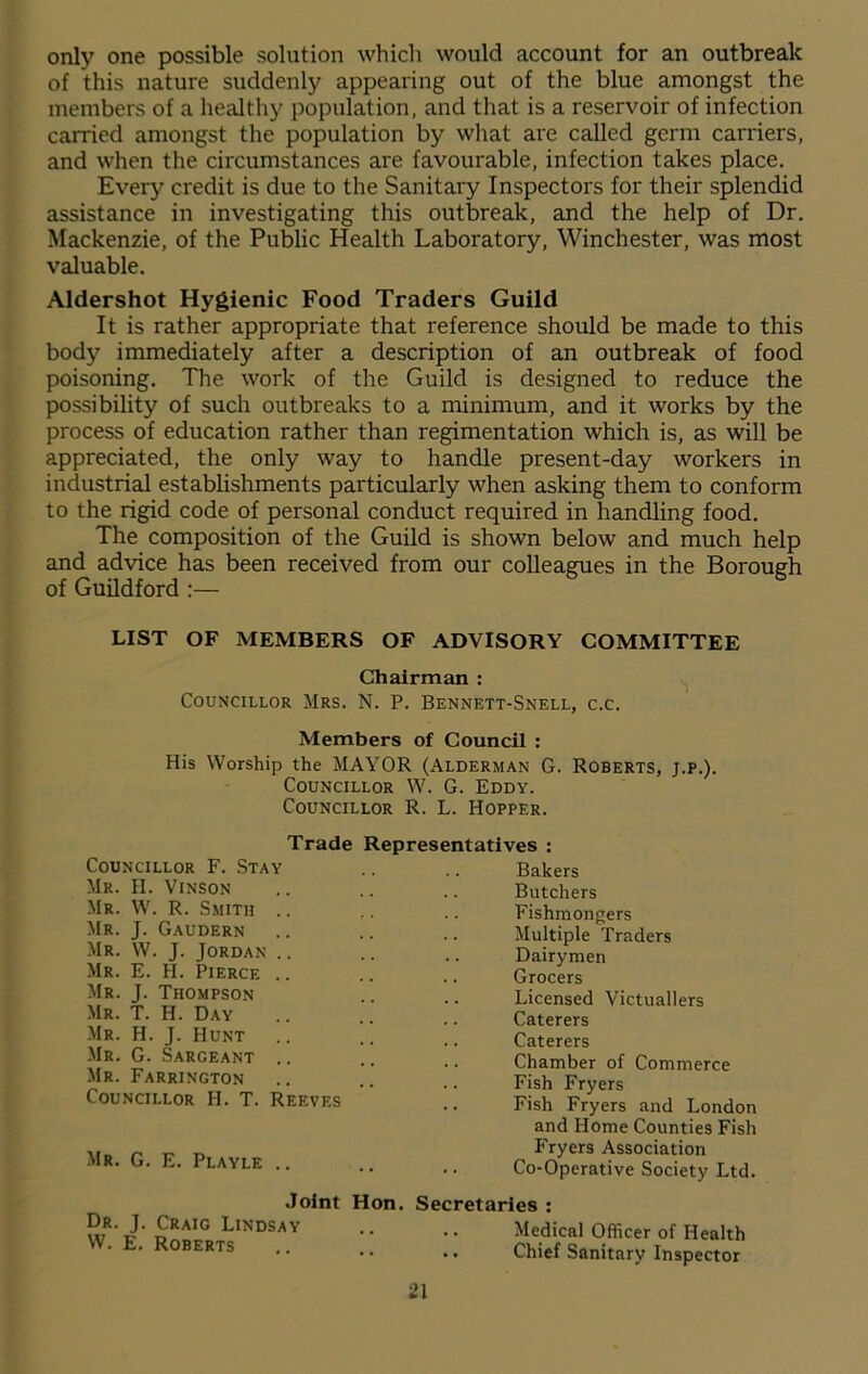 only one possible solution which would account for an outbreak of this nature suddenly appearing out of the blue amongst the members of a healthy population, and that is a reservoir of infection carried amongst the population by what are called germ carriers, and when the circumstances are favourable, infection takes place. Every credit is due to the Sanitary Inspectors for their splendid assistance in investigating this outbreak, and the help of Dr. Mackenzie, of the Public Health Laboratory, Winchester, was most valuable. Aldershot Hygienic Food Traders Guild It is rather appropriate that reference should be made to this body immediately after a description of an outbreak of food poisoning. The work of the Guild is designed to reduce the possibility of such outbreaks to a minimum, and it works by the process of education rather than regimentation which is, as will be appreciated, the only way to handle present-day workers in industrial establishments particularly when asking them to conform to the rigid code of personal conduct required in handling food. The composition of the Guild is shown below and much help and advice has been received from our colleagues in the Borough of Guildford :— LIST OF MEMBERS OF ADVISORY COMMITTEE Chairman : Councillor Mrs. N. P. Bennett-Snell, c.c. Members of Council : His Worship the MAYOR (Alderman G. Roberts, j.p.). Councillor W. G. Eddy. Councillor R. L. Hopper. Trade Representatives : Councillor F. Stay Mr. H. Vinson Mr. W. R. Smith .. Mr. J. Gaudern Mr. W. J. Jordan .. Mr. E. H. Pierce .. Mr. J. Thompson Mr. T. H. Day Mr. H. J. Hunt Mr. G. Sargeant .. Mr. Farrington Councillor H. T. Reeves Bakers Butchers Fishmongers Multiple Traders Dairymen Grocers Licensed Victuallers Caterers Caterers Chamber of Commerce Fish Fryers Fish Fryers and London and Home Counties Fish Fryers Association Mr. G. E. Playle .. Co-Operative Society Ltd. Dr. J. Craig Lindsay W. E. Roberts Joint Hon. Secretaries : Medical Officer of Health Chief Sanitary Inspector