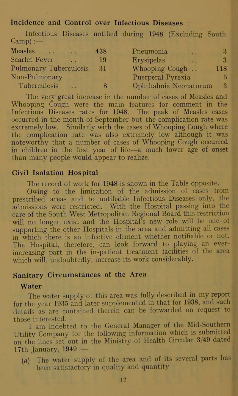 Incidence and Control over Infectious Diseases Infectious Diseases notified during 1948 (Excluding South Camp) :— Measles 438 Pneumonia 3 Scarlet Fever 19 Erysipelas 3 Pulmonary Tuberculosis 31 Whooping Cough .. 118 Non-Pulmonary Puerperal Pyrexia 5 Tuberculosis 8 Ophthalmia Neonatorum 3 The very great increase in the number of cases of Measles and Whooping Cough were the main features for comment in the Infectious Diseases rates for 1948. The peak of Measles cases occurred in the month of September but the complication rate was extremely low. Similarly with the cases of Whooping Cough where the complication rate was also extremely low although it was noteworthy that a number of cases of Whooping Cough occurred in children in the first year of life—a much lower age of onset than many people would appear to realize. Civil Isolation Hospital The record of work for 1948 is shown in the Table opposite. Owing to the limitation of the admission of cases from prescribed areas and to notifiable Infectious Diseases only, the admissions were restricted. With the Hospital passing into the care of the South West Metropolitan Regional Board this restriction will no longer exist and the Hospital’s new role will be one of supporting the other Hospitals in the area and admitting all cases in which there is an infective element whether notifiable or not. The Hospital, therefore, can look forward to playing an ever- increasing part in the in-patient treatment facilities of the area which will, undoubtedly, increase its work considerably. Sanitary Circumstances of the Area Water The water supply of this area was fully described in my report for the year 1935 and later supplemented in that for 1938, and such details as arc contained therein can be forwarded on request to those interested. 1 am indebted to the General Manager of the Mid-Southern Utility Company for the following information which is submitted on the lines set out in the Ministry of Health Circular 3/49 dated 17th January, 1949 :— (a) The water supply of the area and of its several parts has been satisfactory in quality and quantity