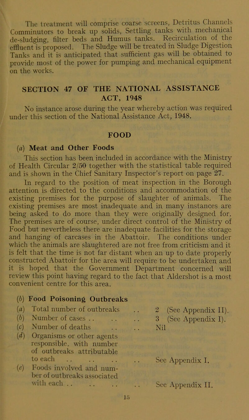 The treatment will comprise coarse screens, Detritus Channels Comminutors to break up solids, Settling tanks with mechanical de-sludging, filter beds and Humus tanks. Recirculation of the effluent is proposed. The Sludge will be treated in Sludge Digestion. Tanks and it is anticipated that sufficient gas will be obtained to provide most of the power for pumping and mechanical equipment on the works. SECTION 47 OF THE NATIONAL ASSISTANCE ACT, 1948 No instance arose during the year whereby action was required under this section of the National Assistance Act, 1948. FOOD (a) Meat and Other Foods This section has been included in accordance with the Ministry of Health Circular 2/50 together with the statistical table required and is shown in the Chief Sanitary Inspector’s report on page 27. In regard to the position of meat inspection in the Borough attention is directed to the conditions and accommodation of the existing premises for the purpose of slaughter of animals. The existing premises are most inadequate and in many instances are being asked to do more than they were originally designed for. The premises are of course, under direct control of the Ministry of Food but nevertheless there are inadequate facilities for the storage and hanging of carcases in the Abattoir. The conditions under which the animals are slaughtered are not free from criticism and it is felt that the time is not far distant when an up to date properly constructed Abattoir for the area will require to be undertaken and it is hoped that the Government Department concerned will review this point having regard to the fact that Aldershot is a most convenient centre for this area. (b) Food Poisoning Outbreaks (a) Total number of outbreaks 2 (See Appendix 11), (b) Number of cases 3 (See Appendix I). (c) Number of deaths Nil (d) Organisms or other agents responsible, with number of outbreaks attributable to each See Appendix I. w Foods involved and num- ber of outbreaks associated with each .. Sec Appendix II.