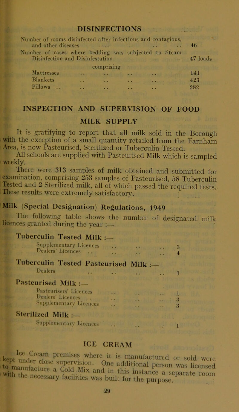 DISINFECTIONS Number of rooms disinfected after infectious and contagious, and other diseases 4(3 Number of cases where bedding was subjected to Steam Disinfection and Disinfestation 47 loads comprising Mattresses Blankets Pillows .. 141 423 282 INSPECTION AND SUPERVISION OF FOOD MILK SUPPLY It is gratifying to report that all milk sold in the Borough with the exception of a small quantity retailed from the Farnham Area, is now Pasteurised, Sterilized or Tuberculin Tested. All schools are supplied with Pasteurised Milk which is sampled weekly. There were 313 samples of milk obtained and submitted for examination, comprising 253 samples of Pasteurised, 58 Tuberculin Tested and 2 Sterilized milk, all of which passed the required tests. These results were extremely satisfactory. Milk (Special Designation) Regulations, 1949 The following table shows the number of designated milk licences granted during the year :— Tuberculin Tested Milk Supplementary Licences .. .. .. 3 Dealers’ Licences .. .. .. 4 Tuberculin Tested Pasteurised Milk Dealers .. .. # # ^ Pasteurised Milk :— Pasteurisers’ Licences .. .. I Dealers’ Licences .. .. 3 Supplementary Licences .. .. \\ 3 Sterilized Milk Supplementary Licences .. .. 1 ICE CREAM 2D