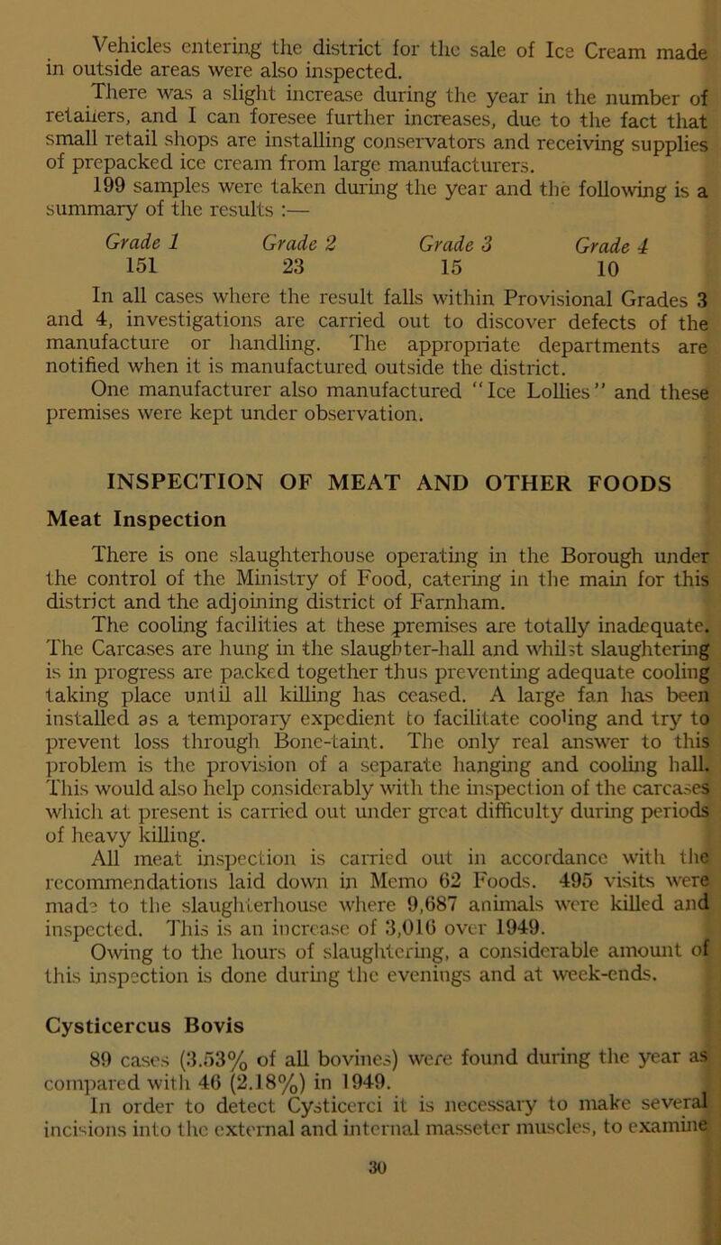 Vehicles entering the district for the sale of Ice Cream made in outside areas were also inspected. There was a slight increase during the year in the number of retailers, and I can foresee further increases, due to the fact that small retail shops are installing conservators and receiving supplies of prepacked ice cream from large manufacturers. 199 samples were taken during the year and the following is a summary of the results :— Grade 1 Grade 2 Grade 3 Grade 4 151 23 15 10 In all cases where the result falls within Provisional Grades 3 and 4, investigations are carried out to discover defects of the manufacture or handling. The appropriate departments are notified when it is manufactured outside the district. One manufacturer also manufactured “Ice Lollies” and these premises were kept under observation. INSPECTION OF MEAT AND OTHER FOODS Meat Inspection There is one slaughterhouse operating in the Borough under the control of the Ministry of Food, catering in the main for this district and the adjoining district of Farnham. The cooling facilities at these premises are totally inadequate. The Carcases are hung in the slaughter-hall and whilst slaughtering is in progress are packed together thus preventing adequate cooling taking place until all killing has ceased. A large fan has been installed as a temporary expedient to facilitate coohng and try to prevent loss through Bone-taint. The only real answer to this problem is the provision of a separate hanging and cooling hall. This would also help considerably with the inspection of the carcases which at present is carried out under great difficulty during periods of heavy killing. All meat inspection is carried out in accordance with the recommendations laid down in Memo 62 Foods. 495 visits were made to the slaughterhouse where 9,687 animals were killed and inspected. This is an increase of 3,016 over 1949. Owing to the hours of slaughtering, a considerable amount of this inspection is done during the evenings and at week-ends. Cysticercus Bovis 89 cases (3.53% of all bovines) were found during the year as compared with 46 (2.18%) in 1949. In order to detect Cysticerci it is necessary to make several incisions into the external and internal massetcr muscles, to examine