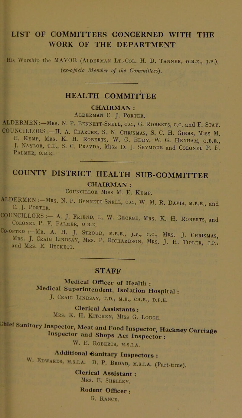 LIST OF COMMITTEES CONCERNED WITH THE WORK OF THE DEPARTMENT His Worship the MAYOR (Alderman Lt.-Col. H. D. Tanner, o.b.e., j.p.). (ex-officio Member of the Committees). HEALTH COMMITTEE CHAIRMAN : Alderman C. J. Porter. ALDERMEN:—Mrs. N. P. Bennett-Snell, c.c., G. Roberts, c.c. and F. Stay. COUNCILLORS H. A. Charter, S. N. Chrismas, S. C. H. Gibbs, Miss M. E. Kemp, Mrs. K. H. Roberts, W. G. Eddy, W. G. Henham, o.b.e., J. Naylor, t.d., S. C. Pravda, Miss D. J. Seymour and Colonel P. F. Palmer, o.b.e. COUNTY DISTRICT HEALTH SUB-COMMITTEE CHAIRMAN : Councillor Miss M. E. Kemp. ALDERMEN :-Mrs. N. P. Bennett-Snell, c.c., W. M. R. Davis, m.b.e., and C. J. Porter. COUNCILLORS A. J. Friend, L. W. George, Mrs. K. H. Roberts, and Colonel P. F. Palmer, o.b.e. Co-opted :-Mr. A II. J. Stroud, m.b.e., j.p., c.c., Mrs. J. Chrismas, Mrs J. Craig Lindsay, Mrs. P. Richardson, Mrs. J. H. Tipler, jp, and Mrs. E. Beckett. STAFF Medical Officer of Health : Medical Superintendent, Isolation Hospital : J. Craig Lindsay, t.d., m.b., ch.b., d.p.h. Clerical Assistants : Mrs. K. H. Kitchen, Miss G. Lodge. San„.lry .nspec.or, Mea( and Food ,nspector „„ Inspector and Shops Act Inspector : W. E. Roberts, m.s.i.a. Additional Sanitary Inspectors : W. Edwards, m.s.i.a. D. P. Broad, m.s.i.a. (Part-time) Clerical Assistant : Mrs. E. Shelley. Rodent Officer : G. Rance.