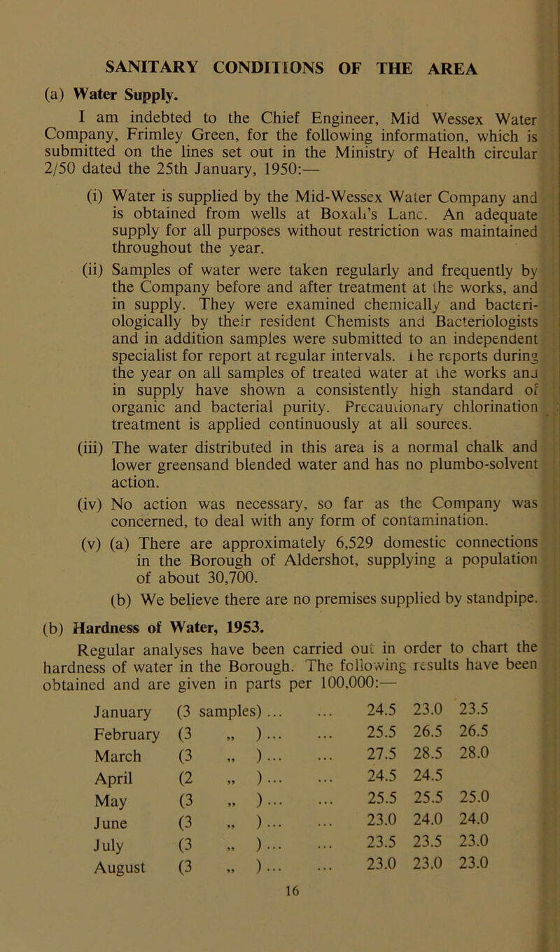 SANITARY CONDITIONS OF THE AREA (a) Water Supply. I am indebted to the Chief Engineer, Mid Wessex Water Company, Frimley Green, for the following information, which is submitted on the lines set out in the Ministry of Health circular 2/50 dated the 25th January, 1950:— (i) Water is supplied by the Mid-Wessex Water Company and is obtained from wells at Boxah’s Lane. An adequate supply for all purposes without restriction was maintained throughout the year. (ii) Samples of water were taken regularly and frequently by the Company before and after treatment at the works, and in supply. They were examined chemically and bacteri- ologically by their resident Chemists and Bacteriologists and in addition samples were submitted to an independent specialist for report at regular intervals, i he reports during the year on all samples of treated water at the works anj in supply have shown a consistently high standard of organic and bacterial purity. Precautionary chlorination treatment is applied continuously at all sources. (iii) The water distributed in this area is a normal chalk and lower greensand blended water and has no plumbo-solvent action. (iv) No action was necessary, so far as the Company was concerned, to deal with any form of contamination. (v) (a) There are approximately 6,529 domestic connections in the Borough of Aldershot, supplying a population of about 30,700. (b) We believe there are no premises supplied by standpipe. (b) Hardness of Water, 1953. Regular analyses have been carried out in order to chart the hardness of water in the Borough. The following results have been obtained and are given in parts per 100,000:— January (3 samples) ... 24.5 23.0 23.5 February (3 9 9 )••• 25.5 26.5 26.5 March (3 99 )••• 27.5 28.5 28.0 April (2 99 )... 24.5 24.5 May (3 99 )... 25.5 25.5 25.0 June (3 99 )... 23.0 24.0 24.0 July (3 99 )... 23.5 23.5 23.0 August (3 99 )••• 23.0 23.0 23.0