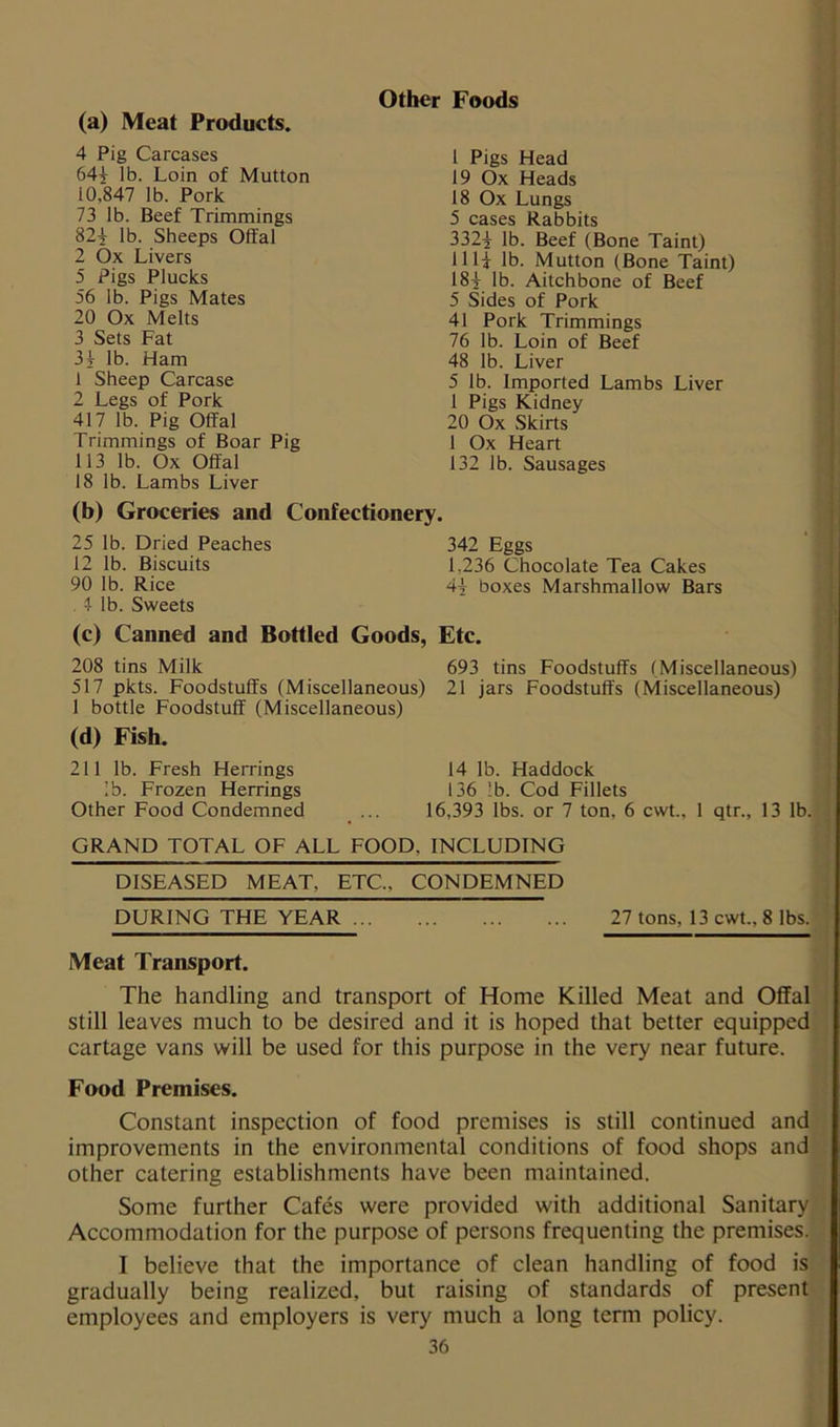 Other Foods (a) Meat Products. 4 Pig Carcases 64| lb. Loin of Mutton [0,847 lb. Pork 73 lb. Beef Trimmings 82! lb. Sheeps Offal 2 Ox Livers 5 Pigs Plucks 56 lb. Pigs Mates 20 Ox Melts 3 Sets Fat 3! lb. Ham 1 Sheep Carcase 2 Legs of Pork 417 lb. Pig Offal Trimmings of Boar Pig 113 lb. Ox Offal 18 lb. Lambs Liver (b) Groceries and Confectionery. 25 lb. Dried Peaches 12 lb. Biscuits 90 lb. Rice 4 lb. Sweets (c) Canned and Bottled Goods, 208 tins Milk 517 pkts. Foodstuffs (Miscellaneous) 1 bottle Foodstuff (Miscellaneous) (d) Fish. 211 lb. Fresh Herrings !b. Frozen Herrings Other Food Condemned 1 Pigs Head 19 Ox Heads 18 Ox Lungs 5 cases Rabbits 332! lb. Beef (Bone Taint) 111! lb. Mutton (Bone Taint) 18! lb. Aitchbone of Beef 5 Sides of Pork 41 Pork Trimmings 76 lb. Loin of Beef 48 lb. Liver 5 lb. Imported Lambs Liver 1 Pigs Kidney 20 Ox Skirts 1 Ox Heart 132 lb. Sausages 342 Eggs 1.236 Chocolate Tea Cakes 4! boxes Marshmallow Bars Etc. 693 tins Foodstuffs (Miscellaneous) 21 jars Foodstuffs (Miscellaneous) 14 lb. Haddock 136 lb. Cod Fillets 16,393 lbs. or 7 ton, 6 cwt., 1 qtr., 13 lb. GRAND TOTAL OF ALL FOOD, INCLUDING DISEASED MEAT, ETC., CONDEMNED DURING THE YEAR 27 tons, 13 cwt., 8 lbs. Meat Transport. The handling and transport of Home Killed Meat and Offal still leaves much to be desired and it is hoped that better equipped cartage vans will be used for this purpose in the very near future. Food Premises. Constant inspection of food premises is still continued and improvements in the environmental conditions of food shops and other catering establishments have been maintained. Some further Cafes were provided with additional Sanitary Accommodation for the purpose of persons frequenting the premises. I believe that the importance of clean handling of food is gradually being realized, but raising of standards of present employees and employers is very much a long term policy.