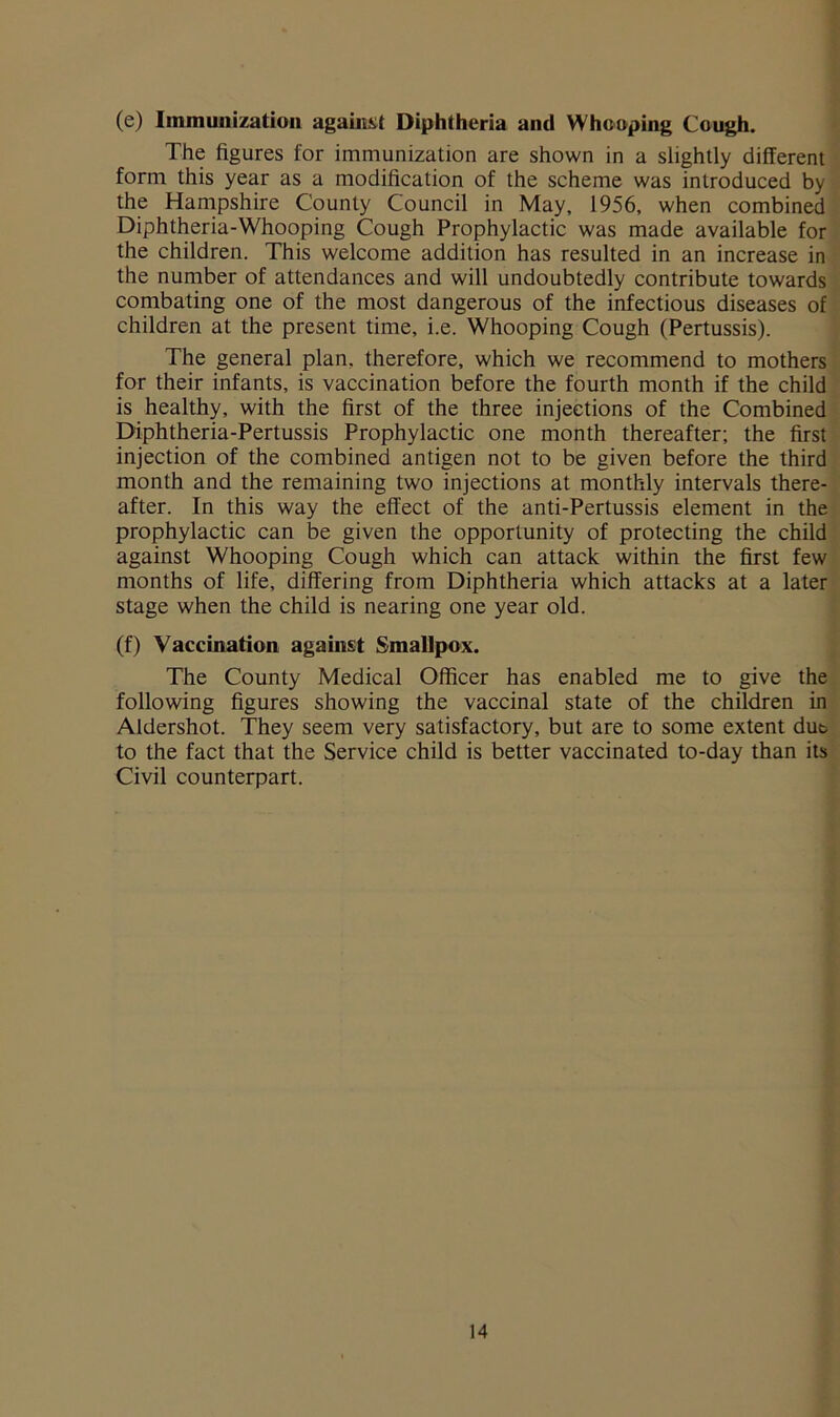 The figures for immunization are shown in a slightly different form this year as a modification of the scheme was introduced by the Hampshire County Council in May, 1956, when combined Diphtheria-Whooping Cough Prophylactic was made available for the children. This welcome addition has resulted in an increase in the number of attendances and will undoubtedly contribute towards combating one of the most dangerous of the infectious diseases of children at the present time, i.e. Whooping Cough (Pertussis). The general plan, therefore, which we recommend to mothers for their infants, is vaccination before the fourth month if the child is healthy, with the first of the three injections of the Combined Diphtheria-Pertussis Prophylactic one month thereafter; the first injection of the combined antigen not to be given before the third month and the remaining two injections at monthly intervals there- after. In this way the effect of the anti-Pertussis element in the prophylactic can be given the opportunity of protecting the child against Whooping Cough which can attack within the first few months of life, differing from Diphtheria which attacks at a later stage when the child is nearing one year old. (f) Vaccination against Smallpox. The County Medical Officer has enabled me to give the following figures showing the vaccinal state of the children in Aldershot. They seem very satisfactory, but are to some extent due to the fact that the Service child is better vaccinated to-day than its Civil counterpart.