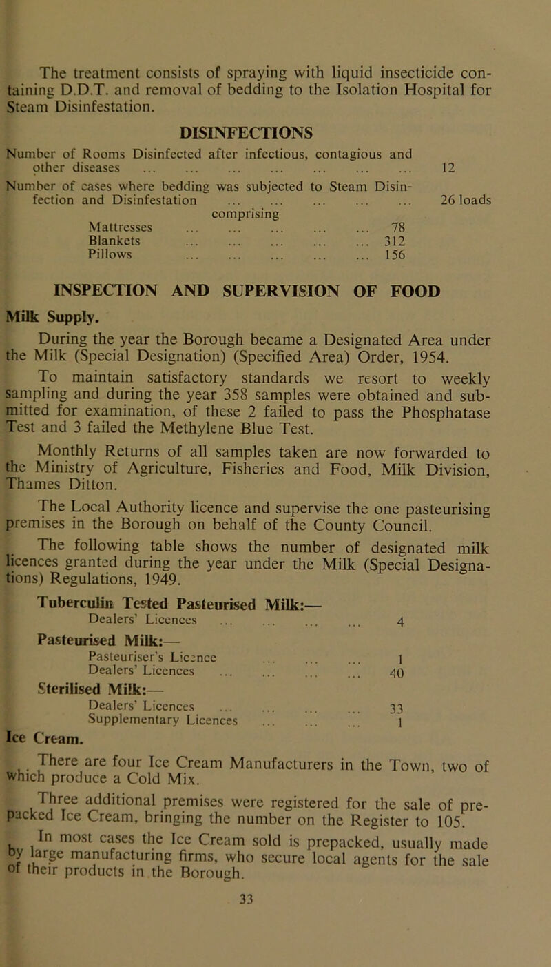 The treatment consists of spraying with liquid insecticide con- taining D.D.T. and removal of bedding to the Isolation Hospital for Steam Disinfestation. DISINFECTIONS Number of Rooms Disinfected after infectious, contagious and other diseases Number of cases where bedding was subjected to Steam Disin- fection and Disinfestation comprising Mattresses ... ... ... ... ... 78 Blankets ... ... ... ... ... 312 Pillows ... ... 156 12 26 loads INSPECTION AND SUPERVISION OF FOOD Milk Supply. During the year the Borough became a Designated Area under the Milk (Special Designation) (Specified Area) Order, 1954. To maintain satisfactory standards we resort to weekly sampling and during the year 358 samples were obtained and sub- mitted for examination, of these 2 failed to pass the Phosphatase Test and 3 failed the Methylene Blue Test. Monthly Returns of all samples taken are now forwarded to the Ministry of Agriculture, Fisheries and Food, Milk Division, Thames Ditton. The Local Authority licence and supervise the one pasteurising premises in the Borough on behalf of the County Council. The following table shows the number of designated milk licences granted during the year under the Milk (Special Designa- tions) Regulations, 1949. I uberculin Tested Pasteurised Milk:— Dealers’ Licences ... ... 4 Pasteurised Milk:— Pasteuriser's Licence ... 1 Dealers’ Licences ... 40 Sterilised Milk:— Dealers’ Licences ... ... ... ... 33 Supplementary Licences ... ... ... 1 Ice Cream. There are four Ice Cream Manufacturers in the Town, two of which produce a Cold Mix. Three additional premises were registered for the sale of pre- packed Ice Cream, bringing the number on the Register to 105. In most cases the Ice Cream sold is prepacked, usually made y large manufacturing firms, who secure local agents for the sale 01 their products in the Borough.