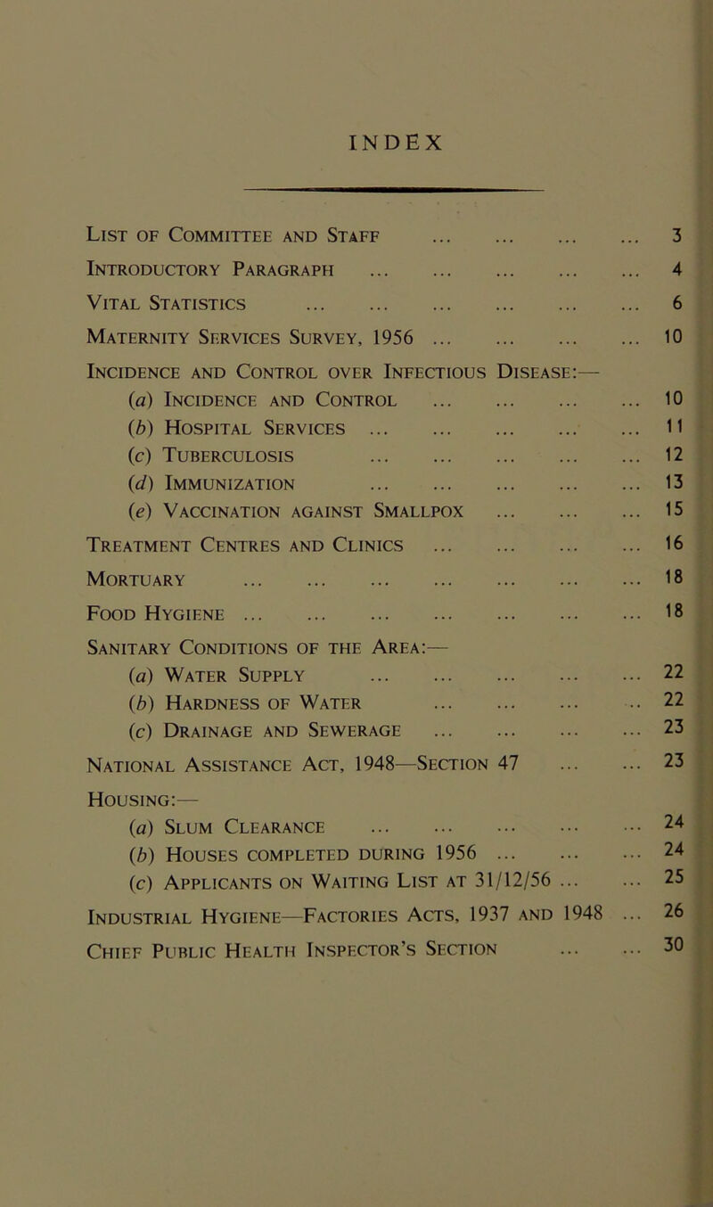 INDEX List of Committee and Staff 3 Introductory Paragraph 4 Vital Statistics 6 Maternity Services Survey, 1956 10 Incidence and Control over Infectious Disease:— (a) Incidence and Control 10 (Z>) Hospital Services 11 (c) Tuberculosis 12 (d) Immunization 13 (e) Vaccination against Smallpox 15 Treatment Centres and Clinics 16 Mortuary 18 Food Hygiene 18 Sanitary Conditions of the Area:— (a) Water Supply 22 (3) Hardness of Water .. 22 (c) Drainage and Sewerage 23 National Assistance Act, 1948—Section 47 23 Housing:— (a) Slum Clearance 24 (b) Houses completed during 1956 24 (c) Applicants on Waiting List at 31/12/56 25 Industrial Hygiene—Factories Acts, 1937 and 1948 ... 26 Chief Public Health Inspector’s Section 30