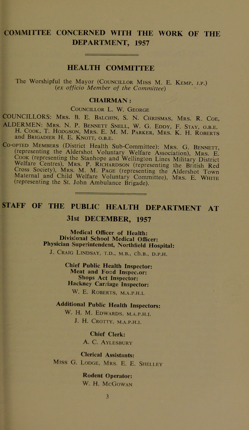 COMMITTEE CONCERNED WITH THE WORK OF THE DEPARTMENT, 1957 HEALTH COMMITTEE The Worshipful the Mayor (Councillor Miss M. E. Kemp, j.p.) (ex officio Member of the Committee) CHAIRMAN : Councillor L. W. George COUNCILLORS: Mrs. B. E. Balchin, S. N. Chrismas, Mrs. R. Coe, ALDERMEN: Mrs. N. P. Bennett Snell, W. G. Eddy, F. Stay, o.b.e. H. Cook, T. Hodgson, Mrs. E. M. M. Parker, Mrs. K. H. Roberts and Brigadier H. E. Knott, o.b.e. Co-opted Members (District Health Sub-Committee): Mrs. G. Bennett, (representing the Aldershot Voluntary Welfare Association), Mrs E Cook (representing the Stanhope and Wellington Lines Military District Welfare Centres), Mrs. P. Richardson (representing the British Red Cross Society), Mrs. M. M. Page (representing the Aldershot Town Maternal and Child Welfare Voluntary Committee), Mrs E White (representing the St. John Ambulance Brigade). STAFF OF THE PUBLIC HEALTH DEPARTMENT AT 31st DECEMBER, 1957 Medical Officer of Health: Divisional School Medical Officer: Physician Superintendent, Northfield Hospital: J. Craig Lindsay, t.d., m.b., ch.B., d.p.h. Chief Public Health Inspector: Meat and Food Inspector: Shops Act Inspector: Hackney Carriage Inspector: W. E. Roberts, m.a.p.h.i. Additional Public Health Inspectors: W. H. M. Edwards, m.a.p.h.i. J. H. Crotty, m.a.p.h.i. Chief Clerk: A. C. Aylesbury Clerical Assistants: Miss G. Lodge, Mrs. E. E. Shelley Rodent Operator: W. H. McGowan