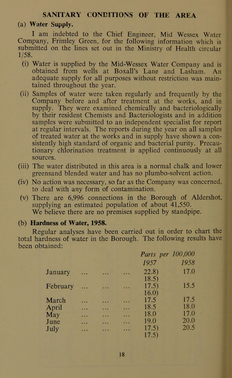 SANITARY CONDITIONS OF THE AREA (a) Water Supply. I am indebted to the Chief Engineer, Mid Wessex Water Company, Frimley Green, for the following information which is submitted on the lines set out in the Ministry of Health circular 1/58. (i) Water is supplied by the Mid-Wessex Water Company and is obtained from wells at Boxall’s Lane and Lasham. An adequate supply for all purposes without restriction was main- tained throughout the year. (ii) Samples of water were taken regularly and frequently by the Company before and after treatment at the works, and in supply. They were examined chemically and bacteriologically by their resident Chemists and Bacteriologists and in addition samples were submitted to an independent specialist for report at regular intervals. The reports during the year on all samples of treated water at the works and in supply have shown a con- sistently high standard of organic and bacterial purity. Precau- tionary chlorination treatment is applied continuously at all sources. (iii) The water distributed in this area is a normal chalk and lower greensand blended water and has no plumbo-solvent action. (iv) No action was necessary, so far as the Company was concerned, to deal with any form of contamination. (v) There are 6,996 connections in the Borough of Aldershot, supplying an estimated population of about 41,550. We believe there are no premises supplied by standpipe. (b) Hardness of Water, 1958. Regular analyses have been carried out in order to chart the total hardness of water in the Borough. The following results have been obtained: Parts per 100,000 1957 1958 January 22.8) 17.0 18.5) February 17.5) 15.5 16.0) March 17.5 17.5 April 18.5 18.0 May 18.0 17.0 June 19.0 20.0 July 17.5) 20.5 17.5)