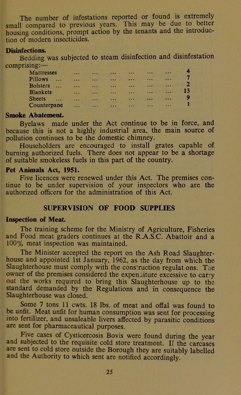 The number of infestations reported or found is extremely small compared to previous years. This may be due to better housing conditions, prompt action by the tenants and the introduc- tion of modern insecticides. Disinfections. Bedding was subjected to steam disinfection and disinfestation comprising:— Mattresses Pillows Bolsters ... Blankets Sheets Counterpane 4 7 2 13 9 1 Smoke Abatement Byelaws made under the Act continue to be in force, and because this is not a highly industrial area, the main source of pollution continues to be the domestic chimney. Householders are encouraged to install grates capable of burning authorized fuels. There does not appear to be a shortage of suitable smokeless fuels in this part of the country. Pet Animals Act, 1951. Five licences were renewed under this Act. The premises con- tinue to be under supervision of your inspectors who are the authorized officers for the administration of this Act. SUPERVISION OF FOOD SUPPLIES Inspection of Meat. The training scheme for the Ministry of Agriculture, Fisheries and Food meat graders continues at the R.A.S.C. Abattoir and a 100% meat inspection was maintained. The Minister accepted the report on the Ash Road Slaughter- house and appointed 1st January, 1962, as the day from which the Slaughterhouse must comply with the construction regulat ons. Tne owner of the premises considered the expenditure excessive to carry out the works required to bring this Slaughterhouse up to the standard demanded by the Regulations and in consequence the Slaughterhouse was closed. Some 7 tons 11 cwts. 18 lbs. of meat and offal was found to be unfit. Meat unfit for human consumption was sent for processing into fertilizer, and unsaleable livers affected by parasitic conditions are sent for pharmaceautical purposes. Five cases of Cysticercosis Bovis were found during the year and subjected to the requisite cold store treatment. If the carcases are sent to cold store outside the Borough they are suitably labelled and the Authority to which sent are notified accordingly.