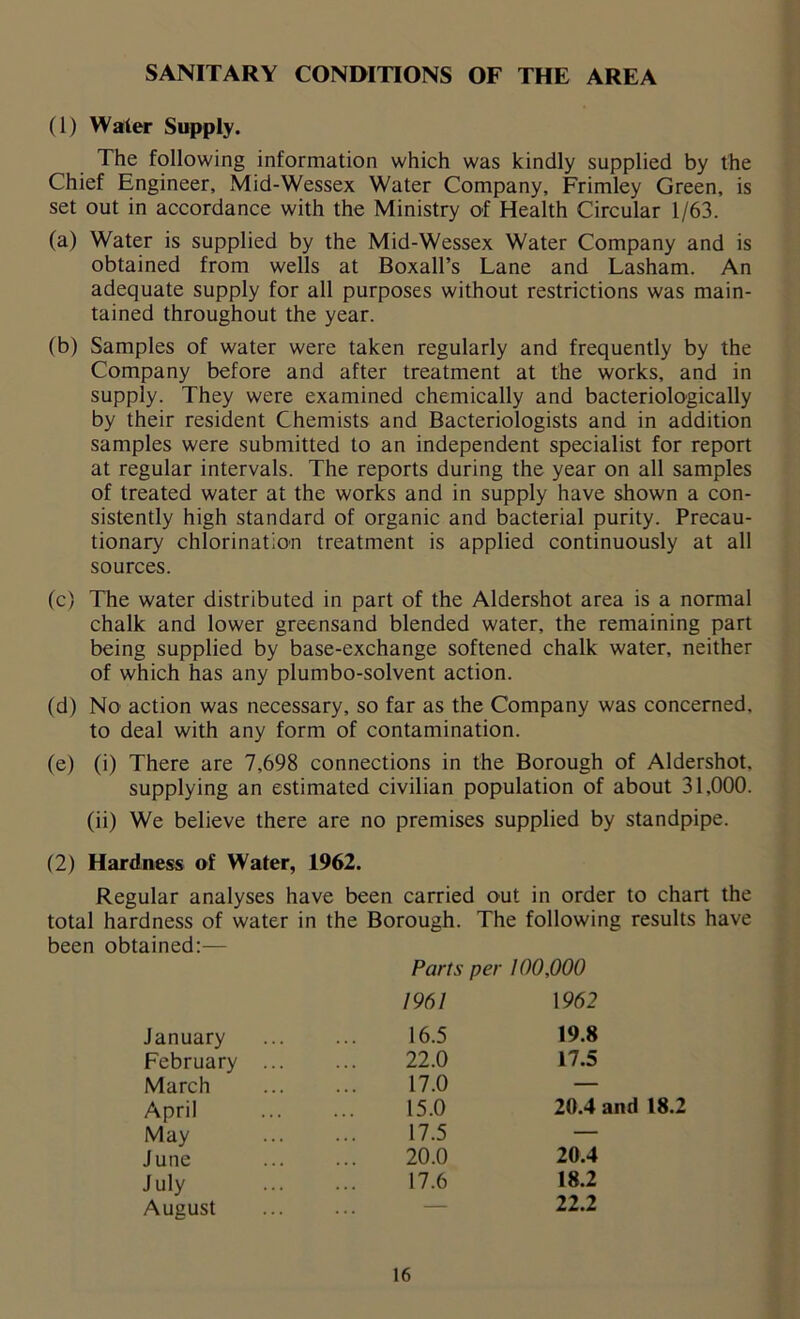 SANITARY CONDITIONS OF THE AREA (1) Water Supply. The following information which was kindly supplied by the Chief Engineer, Mid-Wessex Water Company, Frimley Green, is set out in accordance with the Ministry of Health Circular 1/63. (a) Water is supplied by the Mid-Wessex Water Company and is obtained from wells at Boxall’s Lane and Lasham. An adequate supply for all purposes without restrictions was main- tained throughout the year. (b) Samples of water were taken regularly and frequently by the Company before and after treatment at the works, and in supply. They were examined chemically and bacteriologically by their resident Chemists and Bacteriologists and in addition samples were submitted to an independent specialist for report at regular intervals. The reports during the year on all samples of treated water at the works and in supply have shown a con- sistently high standard of organic and bacterial purity. Precau- tionary chlorination treatment is applied continuously at all sources. (c) The water distributed in part of the Aldershot area is a normal chalk and lower greensand blended water, the remaining part being supplied by base-exchange softened chalk water, neither of which has any plumbo-solvent action. (d) No action was necessary, so far as the Company was concerned, to deal with any form of contamination. (e) (i) There are 7,698 connections in the Borough of Aldershot. supplying an estimated civilian population of about 31,000. (ii) We believe there are no premises supplied by standpipe. (2) Hardness of Water, 1962. Regular analyses have been carried out in order to chart the total hardness of water in the Borough. The following results have been obtained:— Parts per 100,000 1961 1962 January February March April May June July August 16.5 19.8 22.0 17.5 17.0 — 15.0 20.4 and 18.2 17.5 — 20.0 20.4 17.6 18.2 — 22.2
