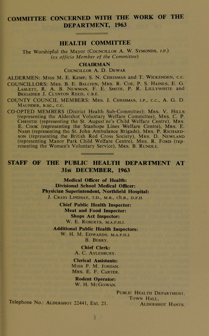 COMMITTEE CONCERNED WITH THE WORK OF THE DEPARTMENT, 1963 HEALTH COMMITTEE The Worshipful the Mayor (Councillor A. W. Symonds, j.p.) (e.v officio Member of the Committee) CHAIRMAN Councillor A. D. Dewar ALDERMEN: Miss M. E. Kemp, S. N. Chrismas and T. Wickenden, c.c. COUNCILLORS: Mrs. B. E. Balchin, Mrs. R. Coe, P. S. Haines, E. G. Laslett, R. A. B. Newman, F. E. Smith, P. R. Lillywhite and Brigadier J. Clynton Reed, c.b.e. COUNTY COUNCIL MEMBERS: Mrs. J. Chrismas, j.p., c.c., A. G. D. Maunder, b.sc., c.c. CO-OPTED MEMBERS (District Health Sub-Committee): Mrs. V. Hills (representing the Aldershot Voluntary Welfare Committee), Mrs. C. P. Christie (representing the St. August'ne’s Child Welfare Centre), Mrs. E. Cook (representing the Stanhope Lines Welfare Centre), Mrs. E. Nash (representing the St. John Ambulance Brigade), Mrs. P. Richard- son (representing the British Red Cross Society), Mrs. D. Newland (representing Manor Park Child Welfare Centre), Mrs. R. Ford (rep- resenting the Women’s Voluntary Service), Mrs. B. Rundle. STAFF OF THE PUBLIC HEALTH DEPARTMENT AT 31st DECEMBER, 1963 Medical Officer of Health: Divisional School Medical Officer: Physician Superintendent, Northfield Hospital: J. Craig Lindsay, t.d., m.b., ch.B., d.p.h. Chief Public Health Inspector: Meat and Food Inspector: Shops Act Inspector: W. E. Roberts, m.a.p.h.i. Additional Public Health Inspectors: W. H. M. Edwards, m.a.p.h.i. B. Berry. Chief Clerk: A. C. Aylesbury. Clerical Assistants: Miss P. M. Jordan. Mrs. E. F. Carter. Rodent Operator: W. H. McGowan. Public Health Department. _ i , vt Town Hall, elephone No.: Aldershot 22441, Ext. 21. Aldershot Hants.