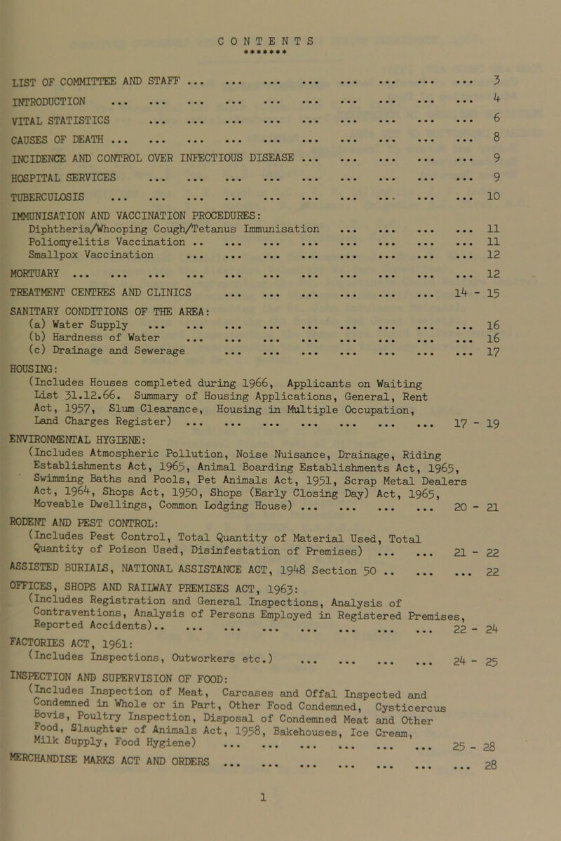 CONTENTS * « * * * * * LIST OF COMMITTEE AND STAFF ... 3 INTRODUCTION ... ... ... ... ... ... 4 VITAL STATISTICS ... ... ... ... ... ... 6 CAUSES OF DEATH ... 8 INCIDENCE AND CONTROL OVER INFECTIOUS DISEASE ... 9 HOSPITAL SERVICES ... 9 TUBERCULOSIS ... ... ... ... ... ... ... 10 IMMUNISATION AND VACCINATION PROCEDURES: Diphtheria/Whooping Cough/Tetanus Immunisation ... 11 Poliomyelitis Vaccination ... ll Smallpox Vaccination ... 12 MORTUARY ... ... ... ... ... ... ... ... 12 TREATMENT CENTRES AND CLINICS ... 14 - 15 SANITARY CONDITIONS OF THE AREA: (a) Water Supply • • • • • • 16 (b) Hardness of Water • • • • • • 16 (c) Drainage and Sewerage • • • • • • 17 HOUSING: (Includes Houses completed during 1966, Applicants on Waiting List 31.12.66. Summary of Housing Applications, General, Rent Act, 1957, Slum Clearance, Housing in Multiple Occupation, Land Charges Register) 17 - 19 ENVIRONMENTAL HYGIENE: (Includes Atmospheric Pollution, Noise Nuisance, Drainage, Riding Establishments Act, 1965, Animal Boarding Establishments Act, 1965, Swimming Baths and Pools, Pet Animals Act, 1951, Scrap Metal Dealers Act, 1964, Shops Act, 1950, Shops (Early Closing Day) Act, 1965, Moveable Dwellings, Common Lodging House) 20-21 RODENT AND PEST CONTROL: (Includes Pest Control, Total Quantity of Material Used, Total Quantity of Poison Used, Disinfestation of Premises) 21-22 ASSISTED BURIALS, NATIONAL ASSISTANCE ACT, 1948 Section 50 22 OFFICES, SHOPS AND RAILWAY PREMISES ACT, 1963: (includes Registration and General Inspections, Analysis of Contraventions, Analysis of Persons Employed in Registered Premises, Reported Accidents) 22-24 FACTORIES ACT, I96I: (Includes Inspections, Outworkers etc.) INSPECTION AND SUPERVISION OF FOOD: (Includes Inspection of Meat, Carcases and Offal Inspected and ondemned in Whole or in Part, Other Food Condemned, Cysticercus Bovis, Poultry Inspection, Disposal of Condemned Meat and Other Food, Slaughter of Animals Act, 1958, Bakehouses, Ice Cream, Milk Supply, Food Hygiene) MERCHANDISE MARKS ACT AND ORDERS .. ••• ••• • • • ••• ••• ••• 24 - 25 25 - 28 ... 28