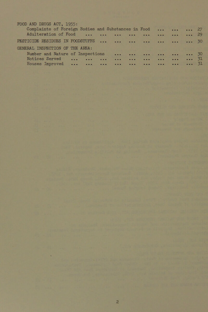 FOOD AND DRUGS ACT, 1955: Complaints of Foreign Bodies and Substances in Food Adulteration of Food PESTICIDE RESIDUES IN FOODSTUFFS GENERAL INSPECTION OF THE AREA: Number and Nature of Inspections Notices Served ••• ••• ••• ••• ••• Houses Improved 27 29 30 30 31 31