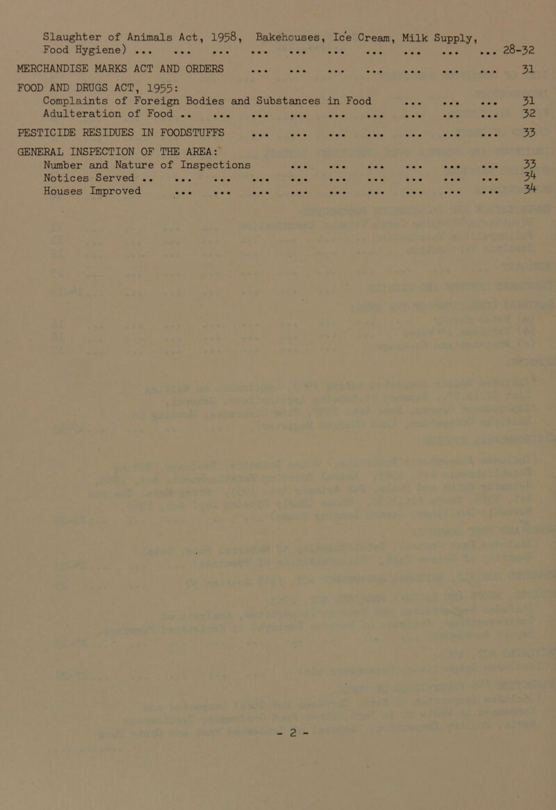 Slaughter of Animals Act, 1958, Bakehouses, Ice Cream, Milk Supply, Food Hygiene) ••• ••• ••• • • • • •« ••• ••• MERCHANDISE MARKS ACT AND ORDERS FOOD AND DRUGS ACT, 1955: Complaints of Foreign Bodies and Substances in Food Adulteration of Food 28-32 31 31 32 PESTICIDE RESIDUES IN FOODSTUFFS GENERAL INSPECTION OF THE AREA: Number and Nature of Inspections Notices Served Houses Improved 33 33 3*+ 34