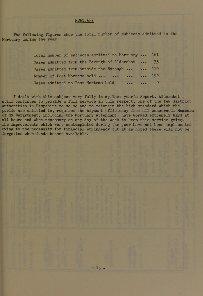 MORTUARY The following figures show the total number of subjects admitted to the Mortuary during the year. Total number of subjects admitted to Mortuary Cases admitted from the Borough of Aldershot Cases admitted from outside the Borough ... Number of Post Mortems held Cases admitted no Post Mortems held ... l6l 33 119 152 9 I dealt with this subject very fully in my last year's Report. Aldershot still continues to provide a full service in this respect, one of the few district authorities in Hampshire to do so and to maintain the high standard which the public are entitled to, requires the highest efficiency from all concerned. Members of my Department, including the Mortuary Attendant, have worked extremely hard at all hours and when necessary on any day of the week to keep this service going. The improvements which were contemplated during the year have not been implemented owing to the necessity for financial stringency but it is hoped these will not be forgotten when funds become available.