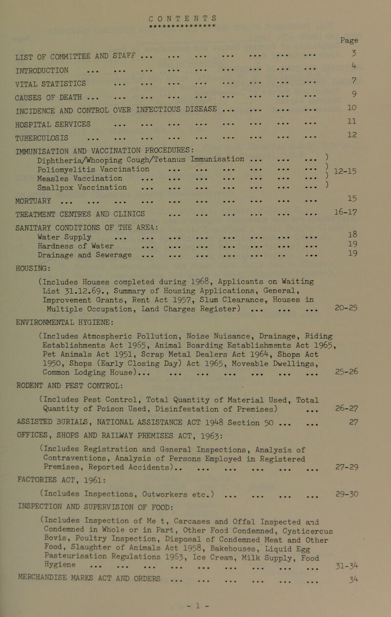 CONTENTS *************** LIST OF COMMITTEE AND STAFF INTRODUCTION VITAL STATISTICS CAUSES OF DEATH INCIDENCE AND CONTROL OVER INFECTIOUS DISEASE ... HOSPITAL SERVICES ... ... ... ... ... TUBERCULOSIS ... ••• ••• ••• ••• IMMUNISATION AND VACCINATION PROCEDURES: Diphtheria/Whooping Cough/Tetanus Immunisation Poliomyelitis Vaccination Measles Vaccination Smallpox Vaccination ... ... ... ... MORTUARY ... ... ... ... ... ... ... TREATMENT CENTRES AND CLINICS SANITARY CONDITIONS OF THE AREA: Water Supply Hardness of Water ... ... ... ... Drainage and Sewerage HOUSING: Page 3 4 7 9 10 11 12 ) J 12-15 ) 15 16-17 18 19 19 (Includes Houses completed during 1968, Applicants on Waiting List 31.12.69., Summary of Housing Applications, General, Improvement Grants, Rent Act 1957, Slum Clearance, Houses in Multiple Occupation, Land Charges Register) 20-25 ENVIRONMENTAL HYGIENE: (Includes Atmospheric Pollution, Noise Nuisance, Drainage, Riding Establishments Act 1965, Animal Boarding Establishments Act 1965, Pet Animals Act 1951, Scrap Metal Dealers Act 1964, Shops Act 1950, Shops (Early Closing Day) Act 1965, Moveable Dwellings, Common Lodging House)... 25-26 RODENT AND PEST CONTROL: (Includes Pest Control, Total Quantity of Material Used, Total Quantity of Poison Used, Disinfestation of Premises) ... 26-27 ASSISTED BURIALS, NATIONAL ASSISTANCE ACT 1948 Section 50 27 OFFICES, SHOPS AND RAILWAY PREMISES ACT, 1963: (Includes Registration and General Inspections, Analysis of Contraventions, Analysis of Persons Employed in Registered Premises, Reported Accidents) 27-29 FACTORIES ACT, I96I: (Includes Inspections, Outworkers etc.) 29-30 INSPECTION AND SUPERVISION OF FOOD: (Includes Inspection of Me t, Carcases and Offal Inspected and Condemned in Whole or in Part, Other Food Condemned, Cysticercus Bovis, Poultry Inspection, Disposal of Condemned Meat and Other Food, Slaughter of Animals Act 1958, Bakehouses, Liquid Egg Pasteurisation Regulations 1963, Ice Cream, Milk Supply, Food Hygiene 31-34 MERCHANDISE MARKS ACT AND ORDERS 34