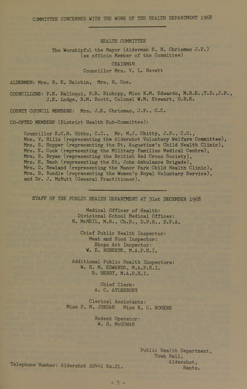 COMMITTEE CONCERNED WITH THE WORK OF THE HEALTH DEPARTMENT 1968 HEALTH COMMITTEE The Worshipful the Mayor (Alderman S. N. Chrismas J.P.) (ex officio Member of the Committee) CHAIRMAN Councillor Mrs. V. L. Nevett ALDERMEN: Mrs. B. E. Balchin, Mrs. R. Coe. COUNCILLORS: P.E. Balloqui, P.R. Bishopp, Miss K.M. Edwards, M.B.E. ,T.D. ,J.P J.E. Lodge, R.M. Scott, Colonel W.M. Stewart, O.B.E. COUNTY COUNCIL MEMBERS: Mrs. J.E. Chrismas, J.P., C.C. CO-OPTED MEMBERS (District Health Sub-Committee): Councillor S.C.H. Gibbs, C.C., Mr. M.J. Chitty, J.P., C.C., Mrs. V. Hills (representing the Aldershot Voluntary Welfare Committee), Mrs. S. Hopper (representing the St. Augustine's Child Health Clinic), Mrs. E. Cook (representing the Military Families Medical Centre), Mrs. R. Bryan (representing the British Red Cross Society), Mrs. E. Nash (representing the St. John Ambulance Brigade), Mrs. D. Newland (representing the Manor Park Child Health Clinic), Mrs. B. Rundle (representing the Women's Royal Voluntary Service), and Dr. J. McNutt (General Practitioner). STAFF OF THE PUBLIC HEALTH DEPARTMENT AT 31st DECEMBER 1968 Medical Officer of Health: Divisional School Medical Officer: N. McNEIL, M.B., Ch.B., D.P.H., D.P.A. Chief Public Health Inspector: Meat and Food Inspector: Shops Act Inspector:- W. E. ROBERTS, M.A.P.H.I. Additional Public Health Inspectors: W. H. M. EDWARDS, M.A.P.H.I. B. BERRY, M.A.P.H.I. Chief Clerk: A. C. AYLESBURY Clerical Assistants: Miss P. M. JORDAN Miss K. C. ROGERS Rodent Operator: W. H. McGOWAN Telephone Number: Aldershot 22441 Ex.21. Public Health Department, Town Hall, Aldershot, Hants.