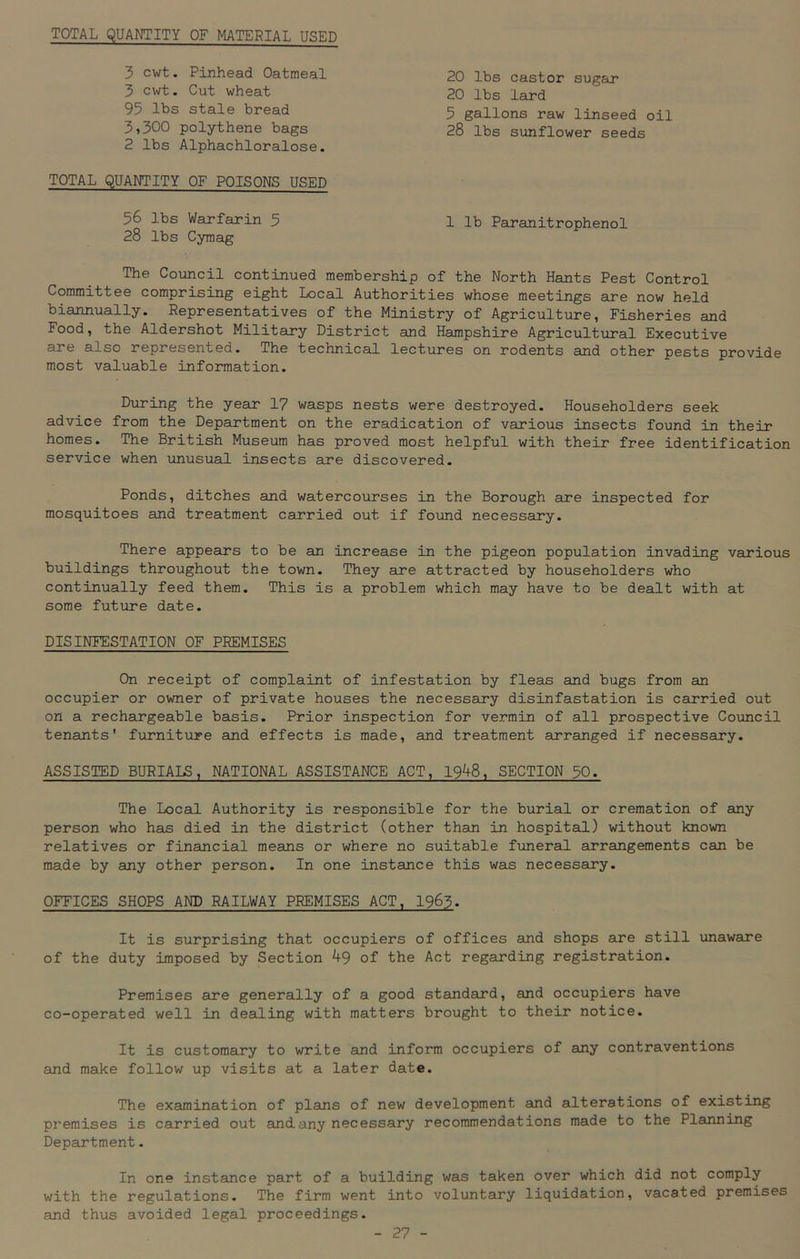 TOTAL QUANTITY OF MATERIAL USED 3 cwt. Pinhead Oatmeal 3 cwt. Cut wheat 95 lbs stale bread 3,300 polythene bags 2 lbs Alphachloralose. TOTAL QUANTITY OF POISONS USED 56 lbs Warfarin 5 28 lbs Cymag 20 lbs castor sugar 20 lbs lard 5 gallons raw linseed oil 28 lbs sunflower seeds 1 lb Paranitrophenol The Council continued membership of the North Hants Pest Control Committee comprising eight Local Authorities whose meetings are now held biannually. Representatives of the Ministry of Agriculture, Fisheries and Food, the Aldershot Military District and Hampshire Agricultural Executive are also represented. The technical lectures on rodents and other pests provide most valuable information. During the year 17 wasps nests were destroyed. Householders seek advice from the Department on the eradication of various insects found in their homes. The British Museum has proved most helpful with their free identification service when unusual insects are discovered. Ponds, ditches and watercourses in the Borough are inspected for mosquitoes and treatment carried out if found necessary. There appears to be an increase in the pigeon population invading various buildings throughout the town. They are attracted by householders who continually feed them. This is a problem which may have to be dealt with at some future date. DISINFESTATION OF PREMISES On receipt of complaint of infestation by fleas and bugs from an occupier or owner of private houses the necessary disinfastation is carried out on a rechargeable basis. Prior inspection for vermin of all prospective Council tenants' furniture and effects is made, and treatment arranged if necessary. ASSISTED BURIALS, NATIONAL ASSISTANCE ACT, 1948, SECTION 50- The Local Authority is responsible for the burial or cremation of any person who has died in the district (other than in hospital) without known relatives or financial means or where no suitable funeral arrangements can be made by any other person. In one instance this was necessary. OFFICES SHOPS AND RAILWAY PREMISES ACT, 1963. It is surprising that occupiers of offices and shops are still unaware of the duty imposed by Section 49 of the Act regarding registration. Premises are generally of a good standard, and occupiers have co-operated well in dealing with matters brought to their notice. It is customary to write and inform occupiers of any contraventions and make follow up visits at a later date. The examination of plans of new development and alterations of existing premises is carried out andany necessary recommendations made to the Planning Department. In one instance part of a building was taken over which did not comply with the regulations. The firm went into voluntary liquidation, vacated premises and thus avoided legal proceedings.