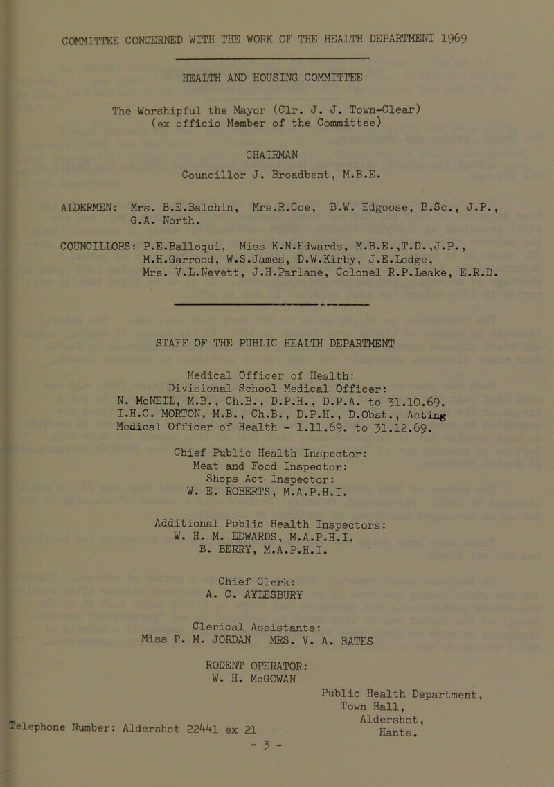 COMMITTEE CONCERNED WITH THE WORK OF THE HEALTH DEPARTMENT 1969 HEALTH AND HOUSING COMMITTEE The Worshipful the Mayor (Clr. J. J. Town-Clear) (ex officio Member of the Committee) CHAIRMAN Councillor J. Broadbent, M.B.E. ALDERMEN: Mrs. B.E.Balchin, Mrs.R.Coe, B.W. Edgoose, B.Sc., J.P. G.A. North. COUNCILLORS: P.E.Balloqui, Miss K.N.Edwards, M.B.E.,T.D.,J.P. , M.H.Garrood, W.S.James, D.W.Kirby, J.E.Lodge, Mrs. V.L.Nevett, J.H.Parlane, Colonel R.P.Leake, E.R.D STAFF OF THE PUBLIC HEALTH DEPARTMENT Medical Officer of Health: Divisional School Medical Officer: N. McNEIL, M.B., Ch.B., D.P.H., D.P.A. to 31.10.69. I.H.C. MORTON, M.B., Ch.B., D.P.H., D.Obst., Acting Medical Officer of Health - 1.11.69. to 31.12.69. Chief Public Health Inspector: Meat and Food Inspector: Shops Act Inspector: W. E. ROBERTS, M.A.P.H.I. Additional Public Health Inspectors: W. H. M. EDWARDS, M.A.P.H.I. B. BERRY, M.A.P.H.I. Chief Clerk: A. C. AYLESBURY Clerical Assistants: Miss P. M. JORDAN MRS. V. A. BATES RODENT OPERATOR: W. H. McGOWAN Telephone Number: Aldershot 22441 ex 21 - 3 - Public Health Department, Town Hall, Aldershot, Hants.