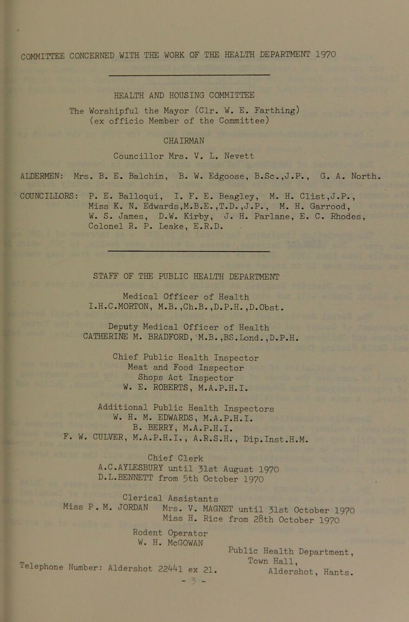 COMMITTEE CONCERNED WITH THE WORK OF THE HEALTH DEPARTMENT 1970 HEALTH AND HOUSING COMMITTEE The Worshipful the Mayor (Clr. W. E. Farthing) (ex officio Member of the Committee) CHAIRMAN Councillor Mrs. V. L. Nevett ALDERMEN: Mrs. B. E. Balchin, B. W. Edgoose, B.Sc.,J.P. , G. A. North. COUNCILLORS: P. E. Balloqui, I. F. E. Beagley, M. H. Clist,J.P., Miss K. N. Edwards,M.B.E.,T.D.,J.P., M. H. Garrood, W. S. James, D.W. Kirby, J. H. Parlane, E. C. Rhodes, Colonel R. P. Leake, E.R.D. STAFF OF THE PUBLIC HEALTH DEPARTMENT Medical Officer of Health I.H.C.MORTON, M.B.,Ch.B.,D.P.H.,D.0bst. Deputy Medical Officer of Health CATHERINE M. BRADFORD, M.B.,BS.Lond.,D.P.H. Chief Public Health Inspector Meat and Food Inspector Shops Act Inspector W. E. ROBERTS, M.A.P.H.I. Additional Public Health Inspectors W. H. M. EDWARDS, M.A.P.H.I. B. BERRY, M.A.P.H.I. F. W. CULVER, M.A.P.H.I., A.R.S.H., Dip.Inst.H.M. Chief Clerk A.C.AYLESBURY until 31st August 1970 D.L.BENNETT from 3th October 1970 Clerical Assistants Miss P. M. JORDAN Mrs. V. MAGNET until 31st October 1970 Miss H. Rice from 28th October 1970 Rodent Operator W. H. McGOWAN Public Health Department, Town Hall, Aldershot, Hants. Telephone Number: Aldershot 22441 ex 21.