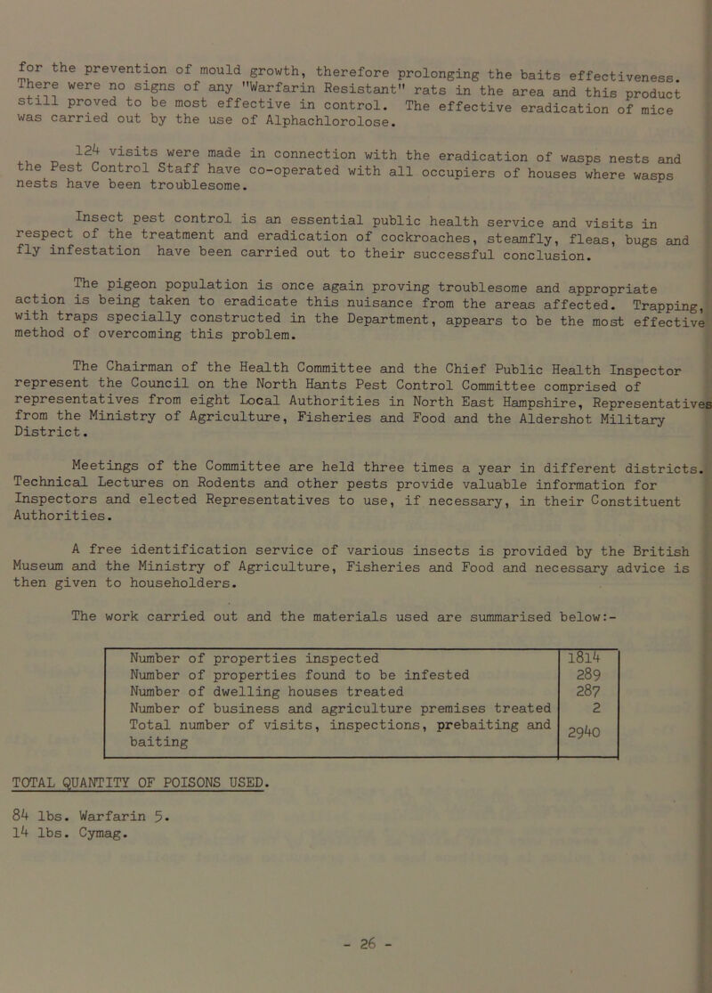 or the prevention of mould growth, therefore prolonging the baits effectiveness, here were no signs of any Warfarin Resistant rats in the area and this product still proved to be most effective in control. The effective eradication of mice was carried out by the use of Alphachlorolose. visits were made in connection with the eradication of wasps nests and the Pest Control Staff have co-operated with all occupiers of houses where wasps nests have been troublesome. Insect pest control is an essential public health service and visits in respect of the treatment and eradication of cockroaches, steamfly, fleas, bugs and fly infestation have been carried out to their successful conclusion. The pigeon population is once again proving troublesome and appropriate action is being taken to eradicate this nuisance from the areas affected. Trapping, with traps specially constructed in the Department, appears to be the most effective method of overcoming this problem. The Chairman of the Health Committee and the Chief Public Health Inspector represent the Council on the North Hants Pest Control Committee comprised of representatives from eight Local Authorities in North East Hampshire, Representatives from the Ministry of Agriculture, Fisheries and Food and the Aldershot Military District. Meetings of the Committee are held three times a year in different districts. Technical Lectures on Rodents and other pests provide valuable information for Inspectors and elected Representatives to use, if necessary, in their Constituent Authorities. A free identification service of various insects is provided by the British Museum and the Ministry of Agriculture, Fisheries and Food and necessary advice is then given to householders. The work carried out and the materials used are summarised below Number of properties inspected l8l4 Number of properties found to be infested 289 Number of dwelling houses treated 287 Number of business and agriculture premises treated 2 Total number of visits, inspections, prebaiting and 2940 baiting TOTAL QUANTITY OF POISONS USED. 84 lbs. Warfarin 5• 14 lbs. Cymag.