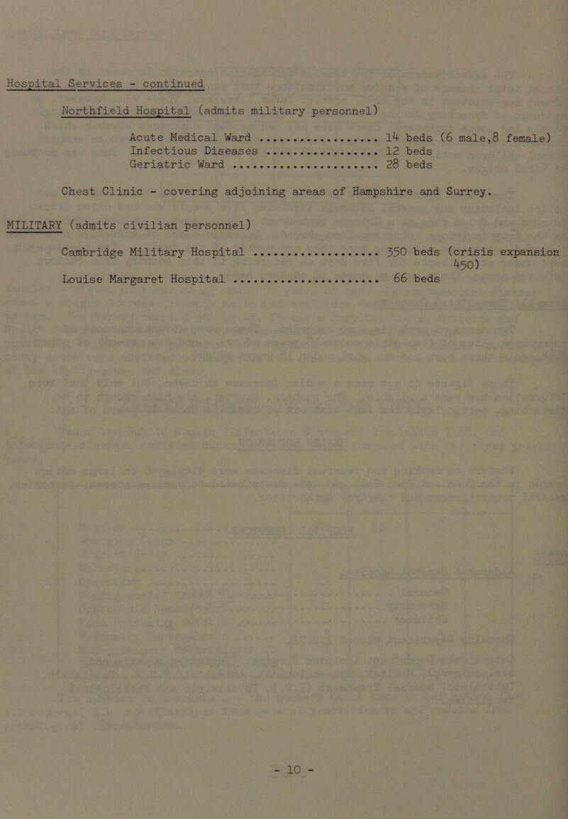Hospital Services - continued Northfield Hospital (admits military personnel) Acute Medical Ward 14 beds (6 male,8 female) Infectious Diseases 12 beds Geriatric Ward 28 beds Chest Clinic - covering adjoining areas of Hampshire and Surrey. MILITARY (admits civilian personnel) Cambridge Military Hospital Louise Margaret Hospital ... 350 beds 66 beds (crisis expansion 450)