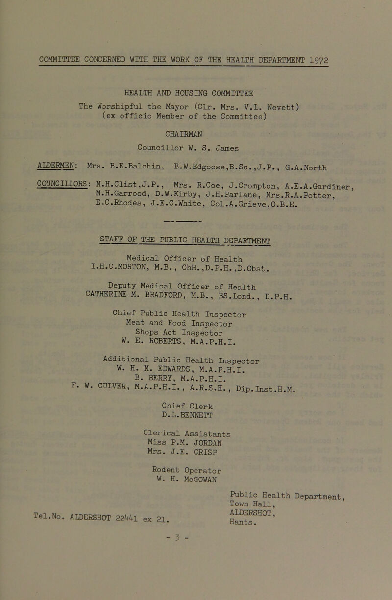 COMMITTEE CONCERNED WITH THE WORK OF THE HEALTH DEPARTMENT 1972 HEALTH AND HOUSING COMMITTEE The Worshipful the Mayor (Clr. Mrs. V.L. Nevett) (ex officio Member of the Committee) CHAIRMAN Councillor W. S. James ALDERMEN: Mrs. B.E.Balchin, B.W.Edgoose,B.Sc.,J.P., G.A.North COUNCILLORS: M.H.Clist,J.P., Mrs. R.Coe, J.Crompton, A.E.A.Gardiner, M.H.Garrood, D.W.Kirby, J.H.Parlane, Mrs.R.A.Potter, E.C.Rhodes, J.E.C.White, Col.A.Grieve,O.B.E. STAFF OF THE PUBLIC HEALTH DEPARTMENT Medical Officer of Health I.H.C.MORTON, M.B., ChB.,D.P.H.,D.Obst. Deputy Medical Officer of Health CATHERINE M. BRADFORD, M.B., BS.Lond., D.P.H. Chief Public Health Inspector Meat and Food Inspector Shops Act Inspector W. E. ROBERTS, M.A.P.H.I. Additional Public Health Inspector W. H. M. EDWARDS, M.A.P.H.I. B. BERRY, M.A.P.H.I. F. W. CULVER, M.A.P.H.I., A.R.S.H., Dip.Inst.H.M. Cnief Clerk D.L.BENNETT Clerical Assistants Miss P.M. JORDAN Mrs. J.E. CRISP Rodent Operator W. H. McGOWAN Tel.No. ALDERSHOT 22441 ex 21 Public Health Department, Tov/n Hall, ALDERSHOT, Hants.