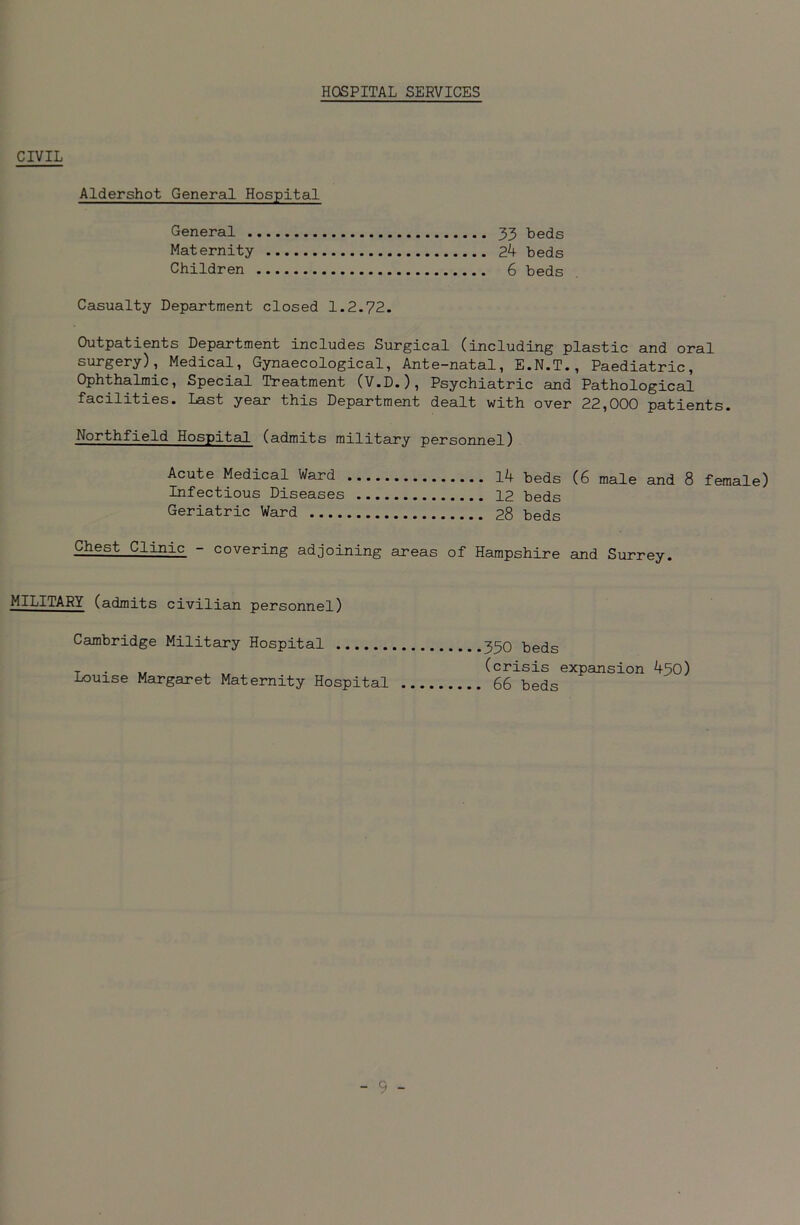 HOSPITAL SERVICES CIVIL Aldershot General Hospital General 33 beds Maternity 24 beds Children 6 beds Casualty Department closed 1.2.72- Outpatients Department includes Surgical (including plastic and oral surgery), Medical, Gynaecological, Ante-natal, E.N.T., Paediatric, Ophthalmic, Special Treatment (V.D.), Psychiatric and Pathological facilities. Last year this Department dealt with over 22,000 patients. Northfield Hospital (admits military personnel) Acute Medical Ward 14 beds (6 male and 8 female) Infectious Diseases 12 beds Geriatric Ward 28 beds Chest Clinic - covering adjoining areas of Hampshire and Surrey. MILITARY (admits civilian personnel) Cambridge Military Hospital Louise Margaret Maternity Hospital 350 beds (crisis expansion 450) 66 beds